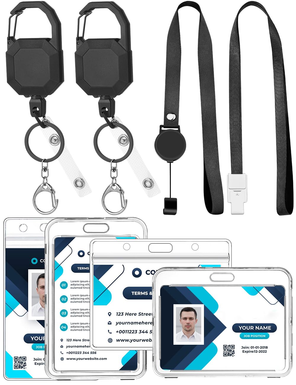 Multiwins 12 Packs Badge Holder Kits, 4Pcs Retractable ID Card Holders, 2Pcs 33" Upgraded Badge Reel Keychain, 2Pcs Retractable Lanyard, 4Pcs Cute ID Cards - for Nurses, Office, Work ID