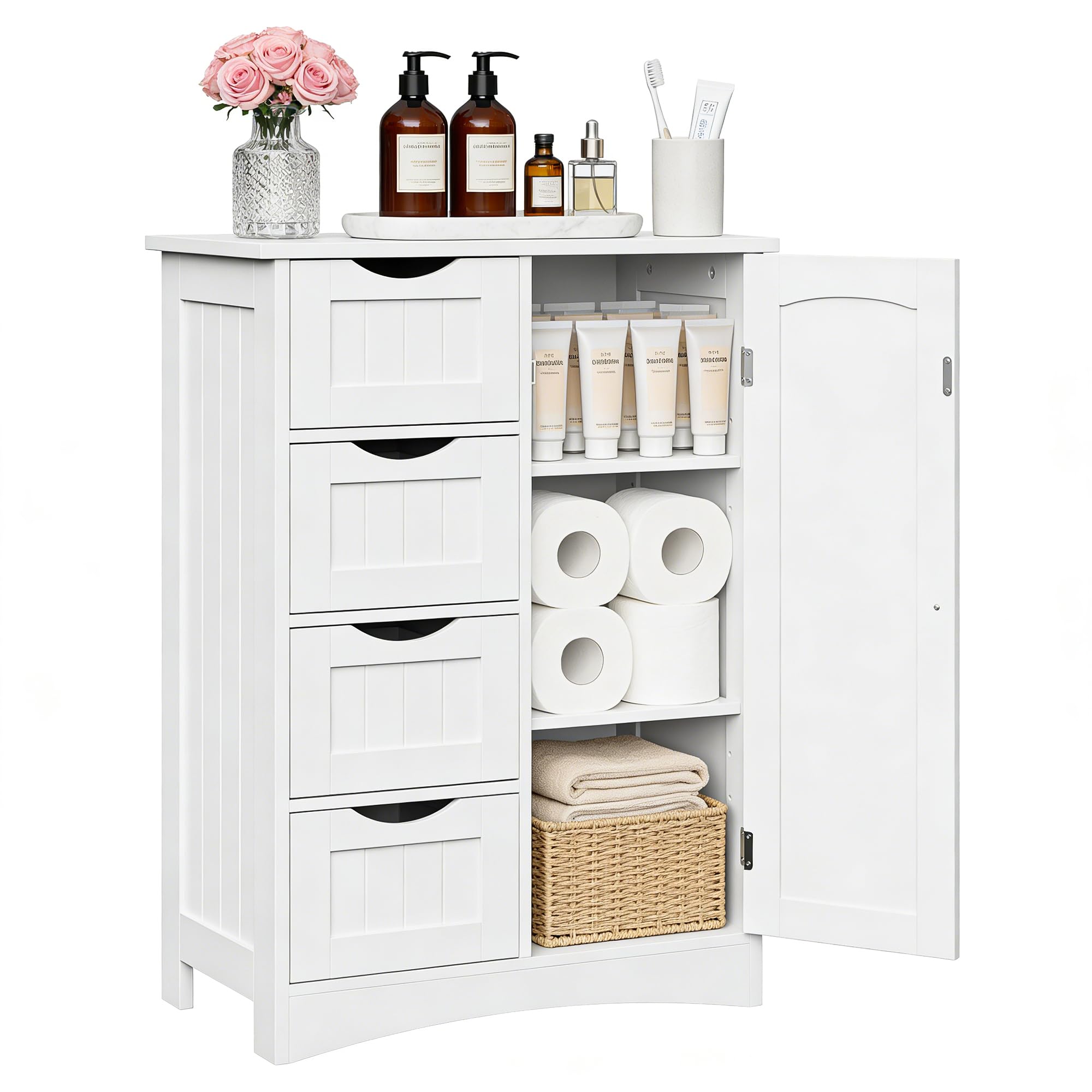 ZenStyle Bathroom Floor Storage Cabinet, Freestanding Side Organizer Cabinet with 4 Drawers and 1 Cupboard, Entryway Storage Unit Storage Organizer