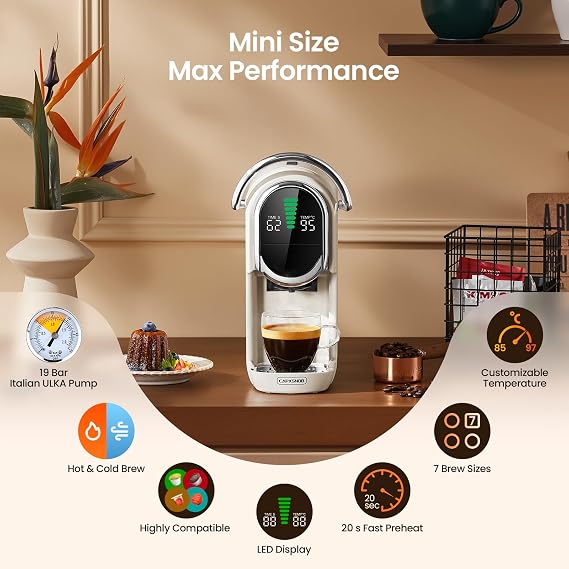 Magician1 Mini Pod Coffee Machines 5 in 1 for Nespresso Original OL, Dolce Gusto, Lavazza A Modo Mio Capsule, ESE 44mm Pads and Espresso Ground Coffee, 20 Bar, 1450W, Hot/Cold Brew for Home & Office