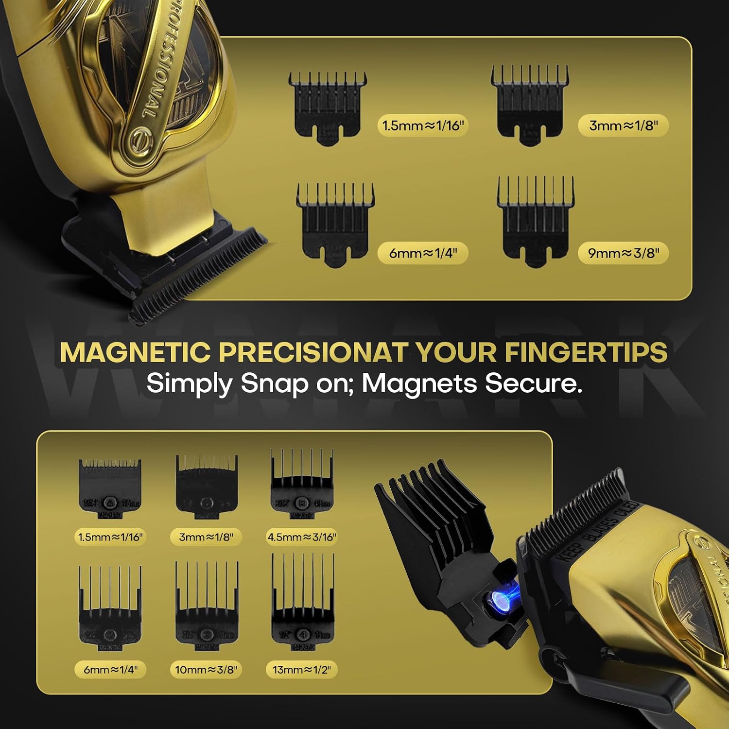WMARK Hair Clippers for Men Professional Barber Clippers and Trimmers Set Cordless Hair Clippers for Hair Cutting, High Speed, Rechargeable, Powder Metallurgy DLC Ceramic Fade NG-8613 KIT (Gold)