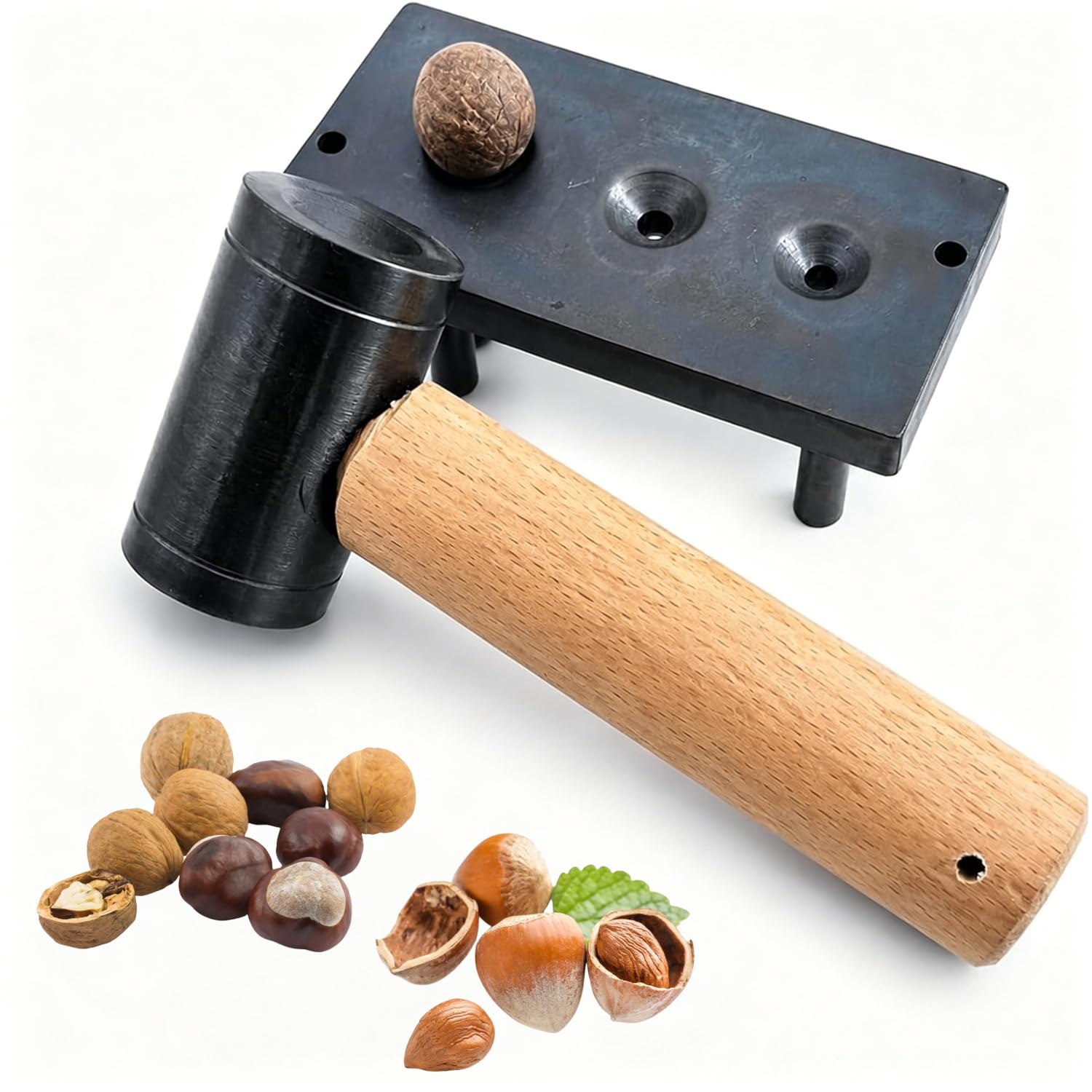 HiJiuAn Macadamia Nut Cracker, Manual Nutcracker, Iron Base & Hammer, Base With 3-tapered Holes, For Diameter 12/16/19mm, For Walnuts, Chestnuts, Pecans, Hazelnuts