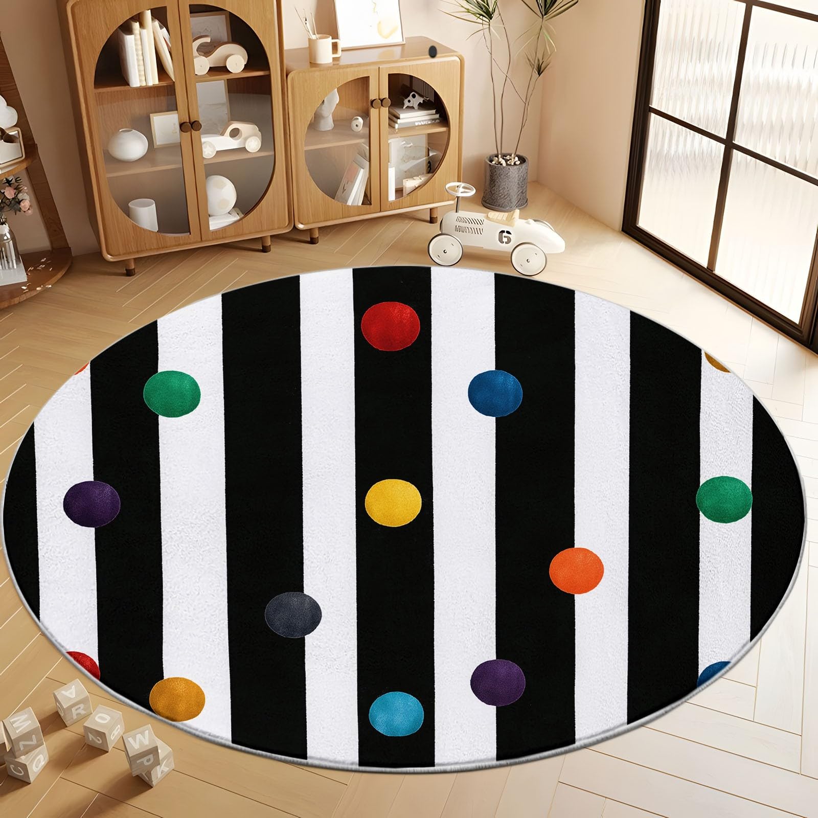 Waschbare Runde Teppiche 100 cm, Schwarz Weiß Farbe Streifen Punkte Rutschfester Runder Teppich für Wohnzimmer Esszimmer - Minimalistischer Stil Weicher Niedrigfloriger Teppich für unter den Esstisch