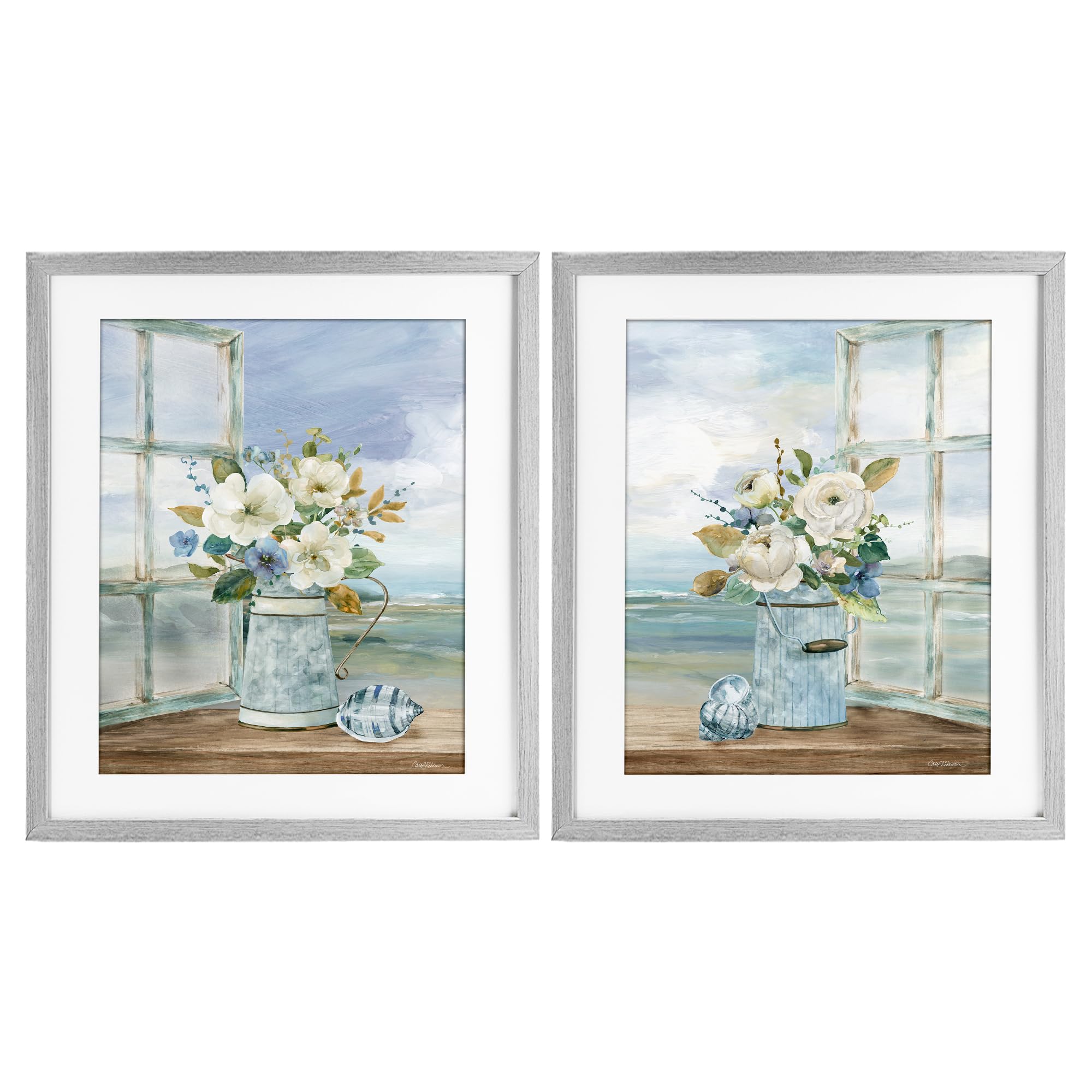 Stupell Industries Farmhouse Gray (Textured) 'Seaside Bouquets In Window'| 2Pc Framed Print Under Glass Set
