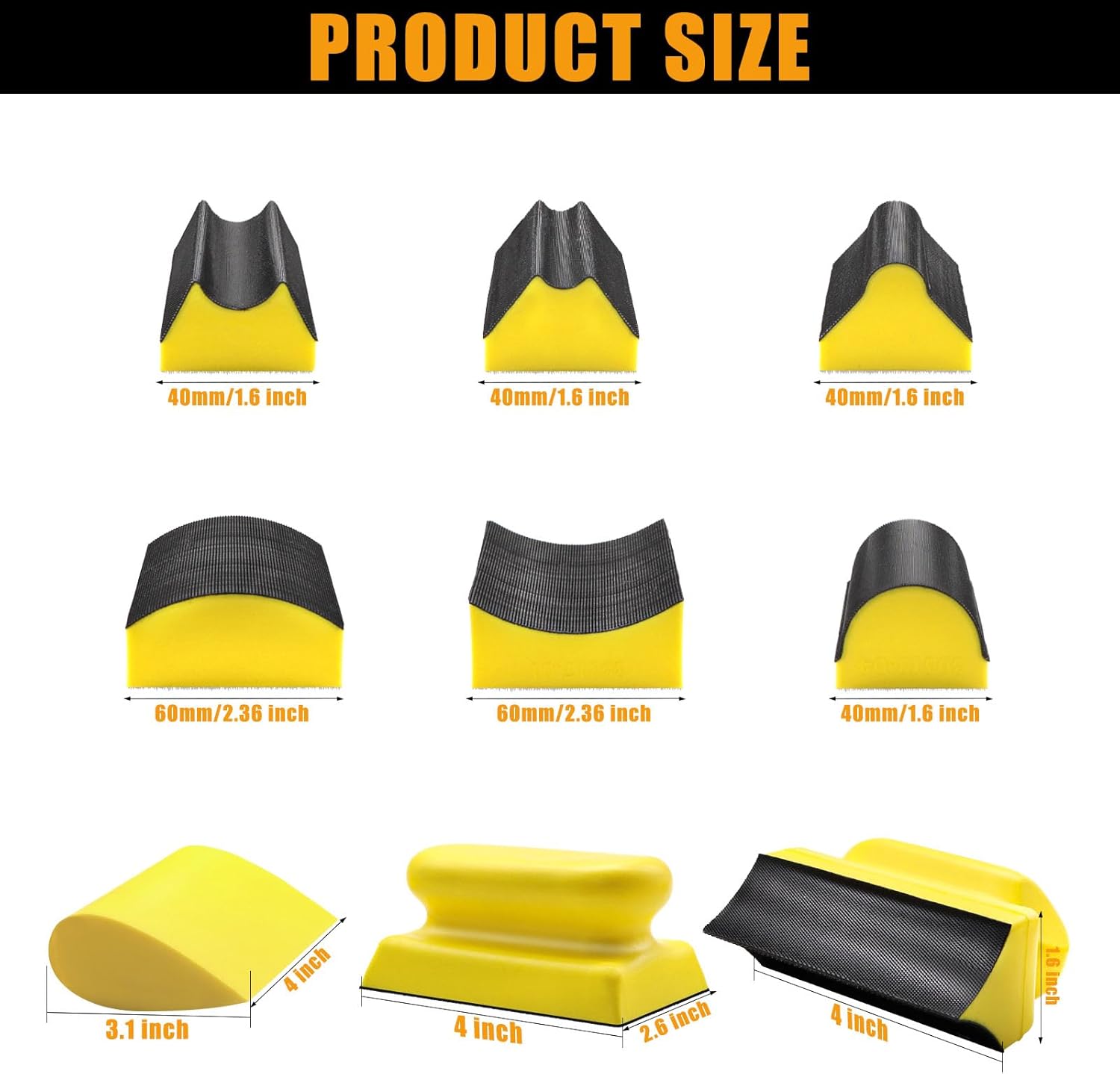 VIBRATITE 9 PCS Contoured Profile Hand Sanding Block, 4 Inch Hand Sander Block Interchangeable Assorted Convex & Concave Shapes with 45 Sheet Assortment Sandpaper for Auto Body, Woodworking, Furniture