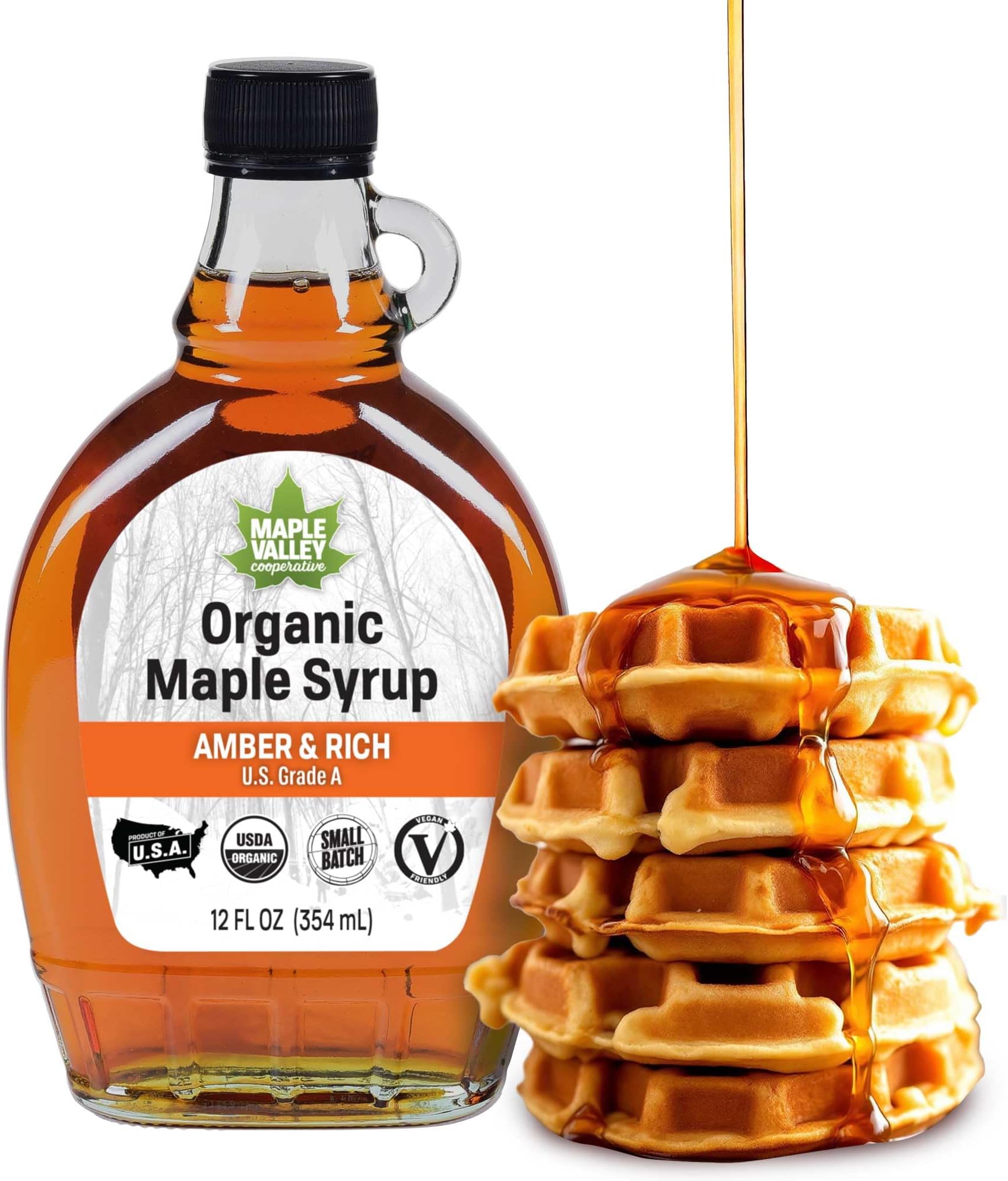 Maple Valley Organic Pure Maple Syrup, Amber and Rich, Better Than Pancake Syrup, Use for Coffee or All-Natural Sugar Substitute in Cooking and Baking (12oz Glass Bottle)
