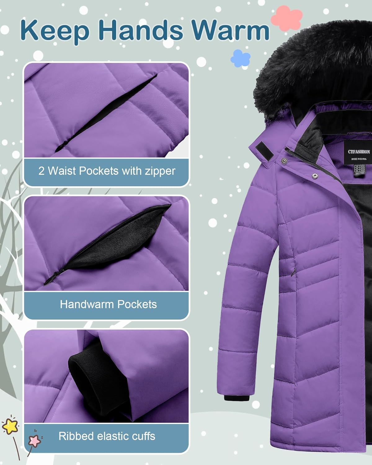 Girl's Winter Coats Kids Waterproof Long Puffer Jacket Thicken Fleece Lined Ski Parka with Detachable Fur Hooded - Image 6