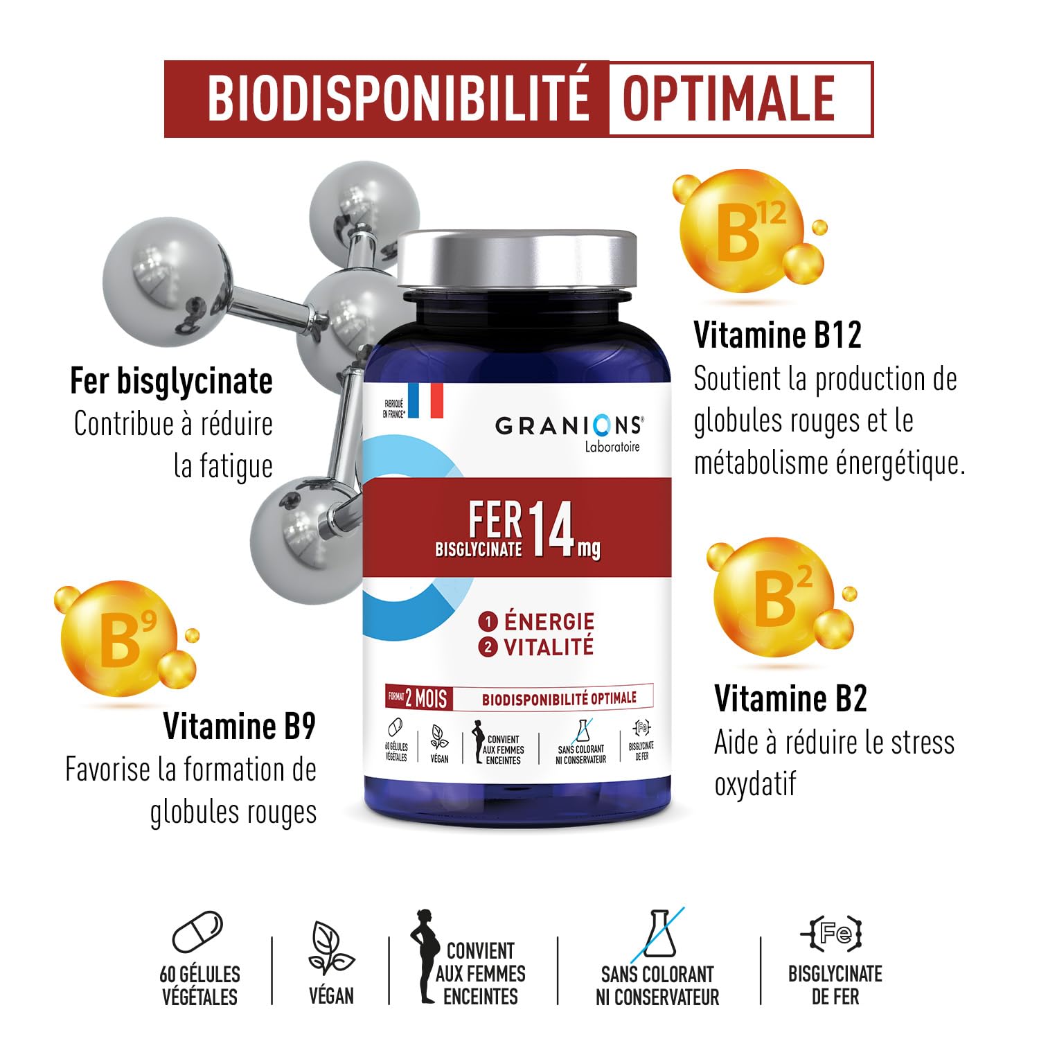 FER BISGLYCINATE 14 mg GRANIONS Immunité et Energie + Vitamines B – Bisglycinate de Fer – Fer Bisglycinate Biodisponibilité Optimale - Femmes Enceintes – 60 Gélules Format 2 Mois –Fabriqué en France