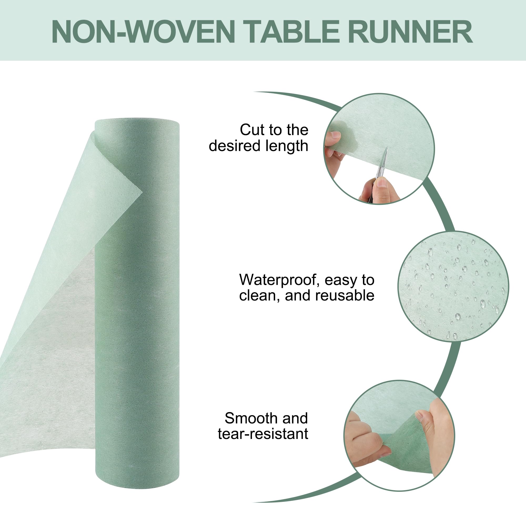Vlies Tischläufer Salbeigrün 30 cm x 25 m mit Weißer Spitzenband und Tischkarten, Tischläufer Set Eukalyptus Grün, Tischdeko für Taufen, Kommunion, Konfirmationen, Hochzeiten und Geburtstage