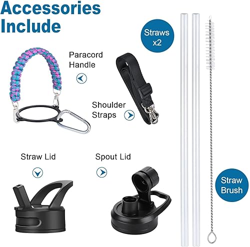 Miniatura 5 de WEREWOLVES Botella de agua aislada con asas de paracaídas, correa, tapa de popote y tapa de boquilla, botella de agua reutilizable de boca ancha al