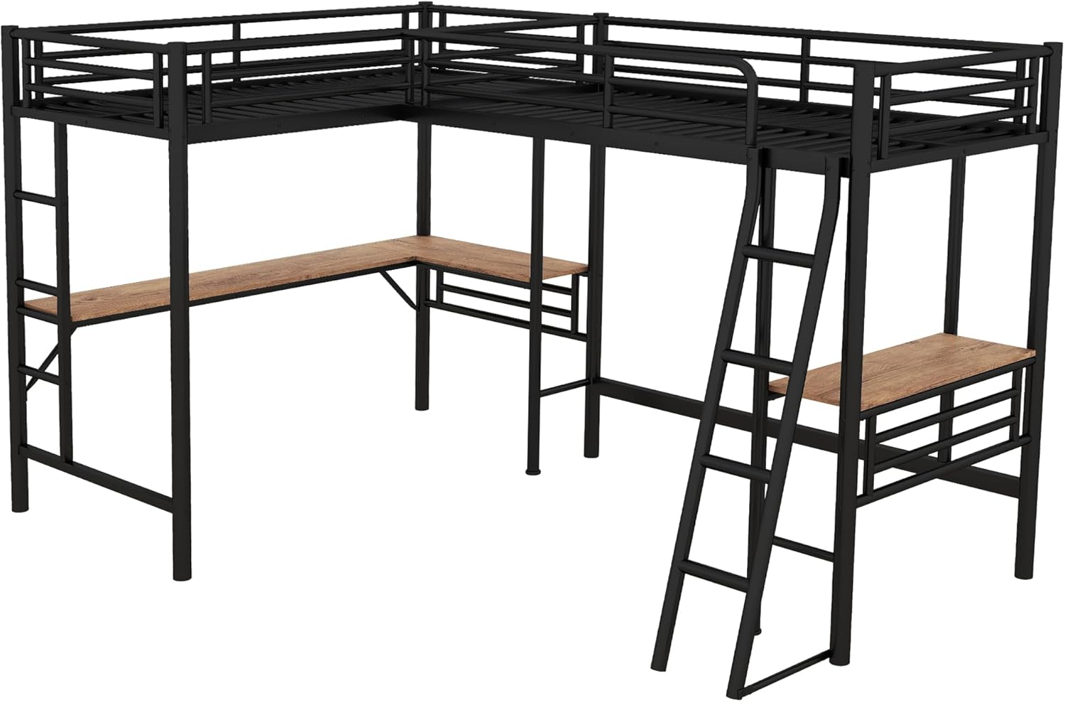 L-Shape Loft Beds with Two Desk Metal Double Twin Size Loft Beds Frame Heavy-Duty Black Corner Twin Bed for 2 Kids Girls Boys Teens