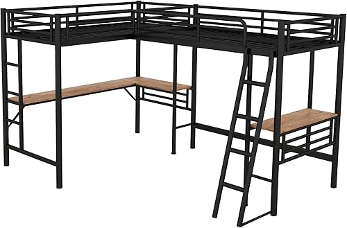 Miniatura 92 de Litera en forma de L individual sobre cama matrimonial adjunta, litera triple de metal con escritorio y tobogán integrados, marco de literas de