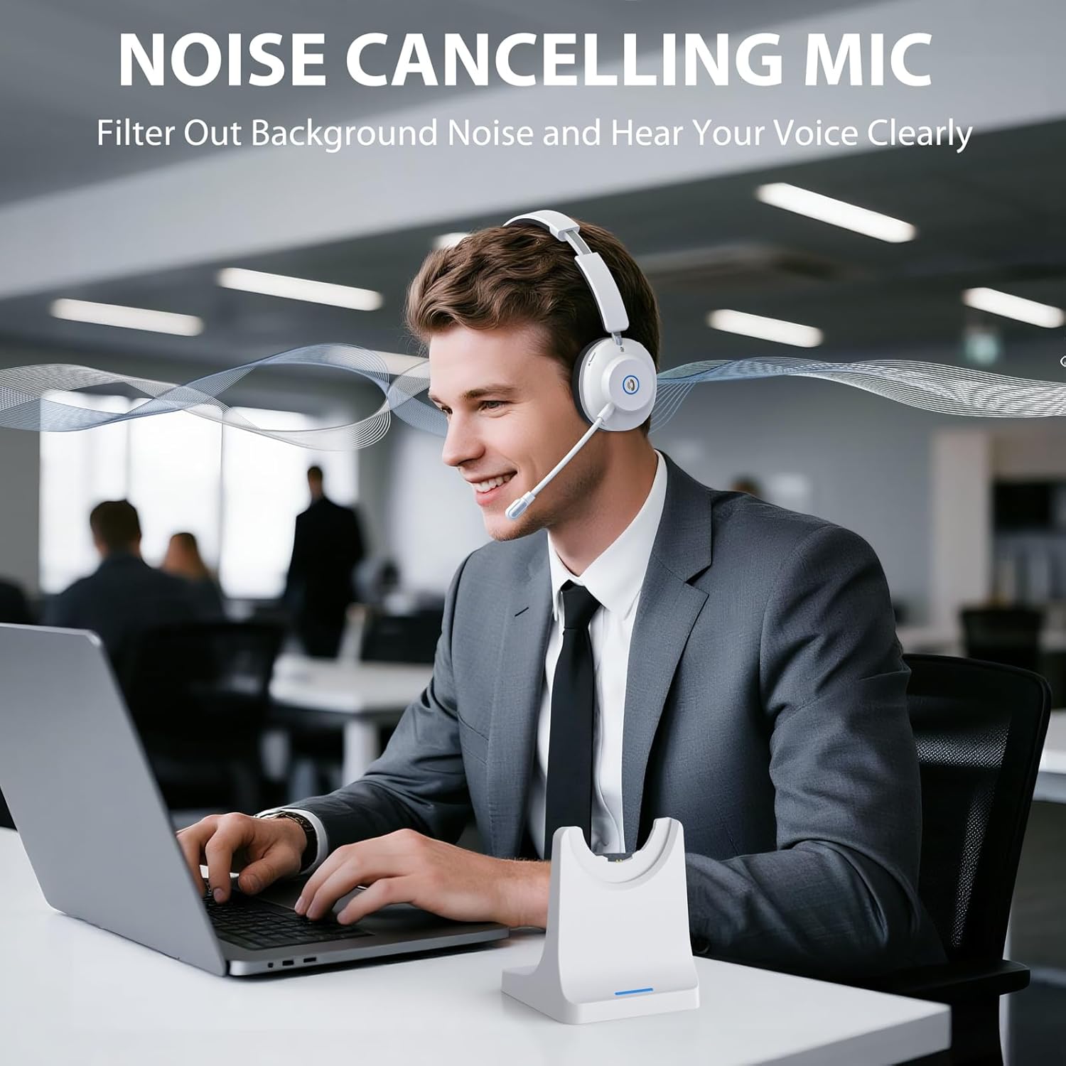 Earbay Bluetooth Headset, Wireless Headphones with Microphone ENC Noise Canceling & USB Dongle, V6.0 Wireless Bluetooth Headset with Mic Flip Mute Charge Dock for Work/Laptop/Phone/Meeting/CallCenter - Image 2