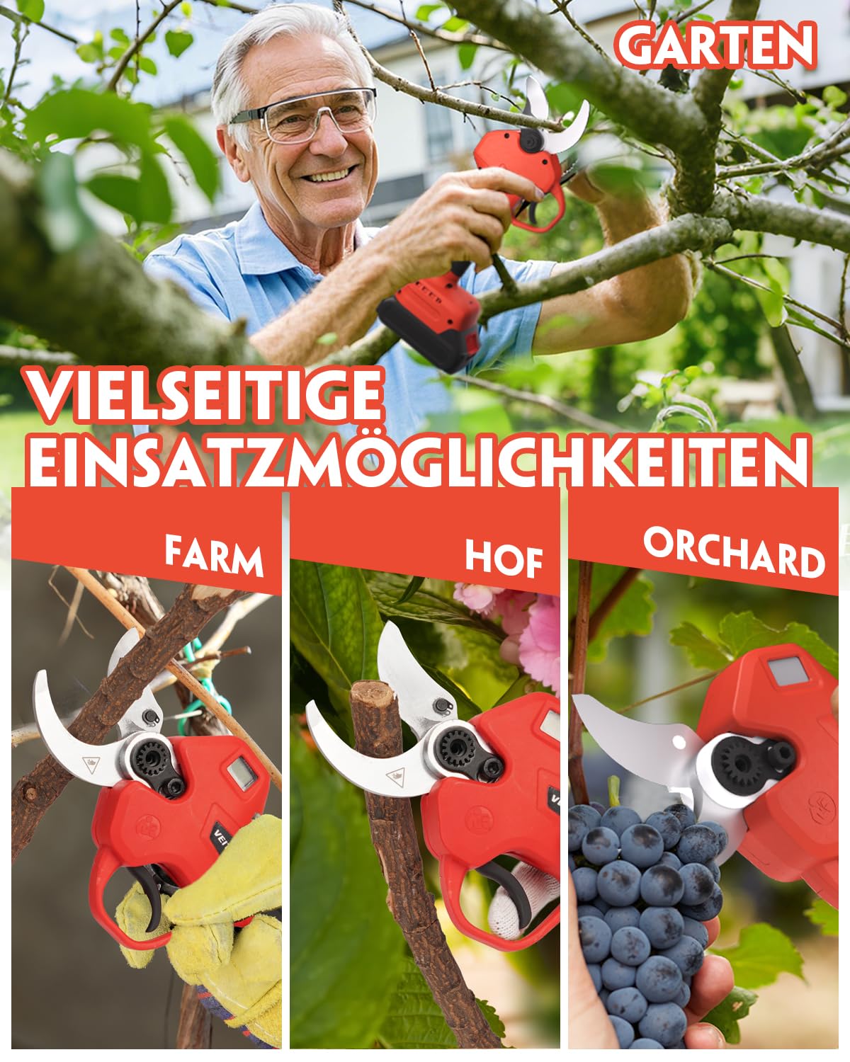 Veitorld Astschere Teleskop, 40MM Akku Gartenschere mit Abnehmbaren Teleskopstange (130-245 cm), Bürstenloser Motor Bypass Baumschere mit 2 Akku 2000mAh für Äste, Geschenke für Männer Frauen