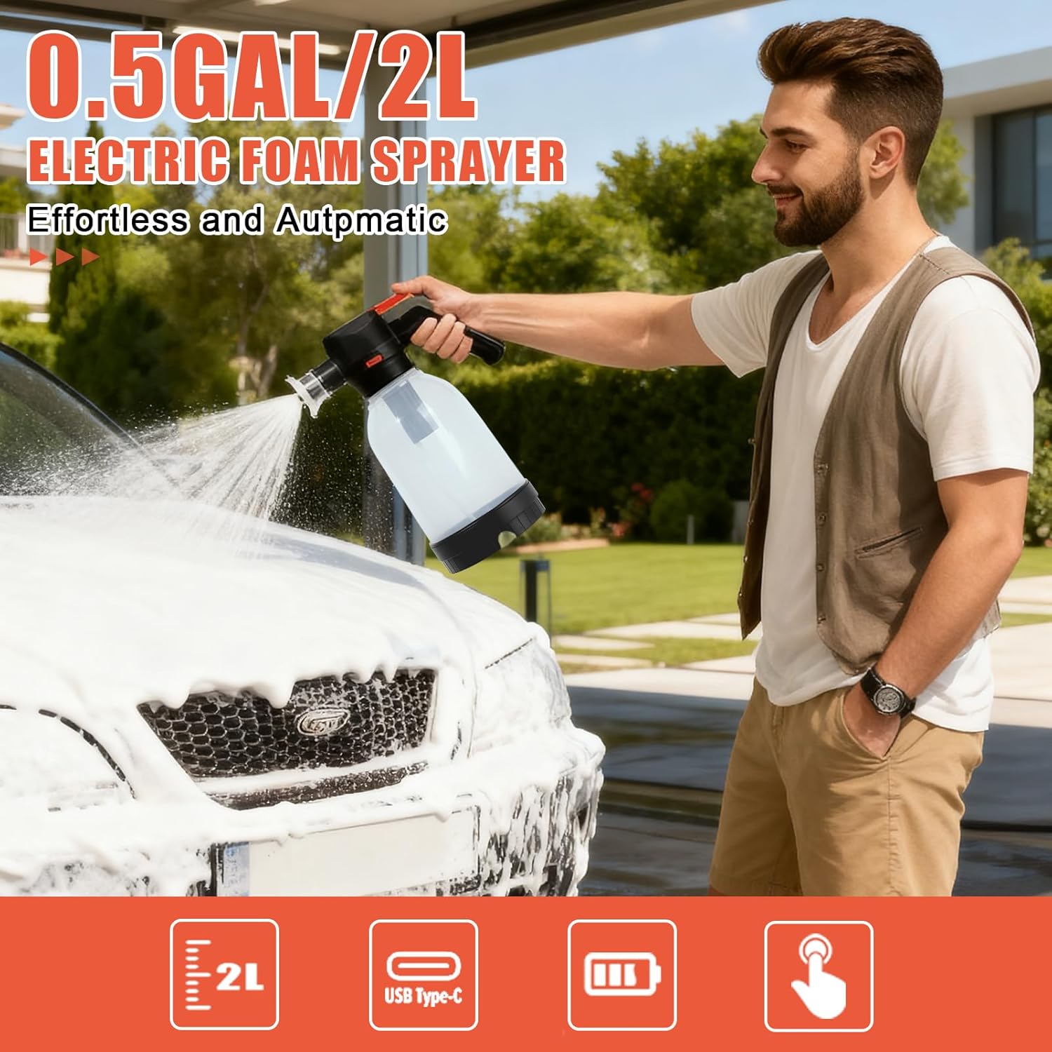 Electric Foam Sprayer for Car Wash, 130 PSI Battery Powered Cordless Foam Cannon, 2-Liter Portable Foam Pump Sprayer 2026 New Upgrade Ivory