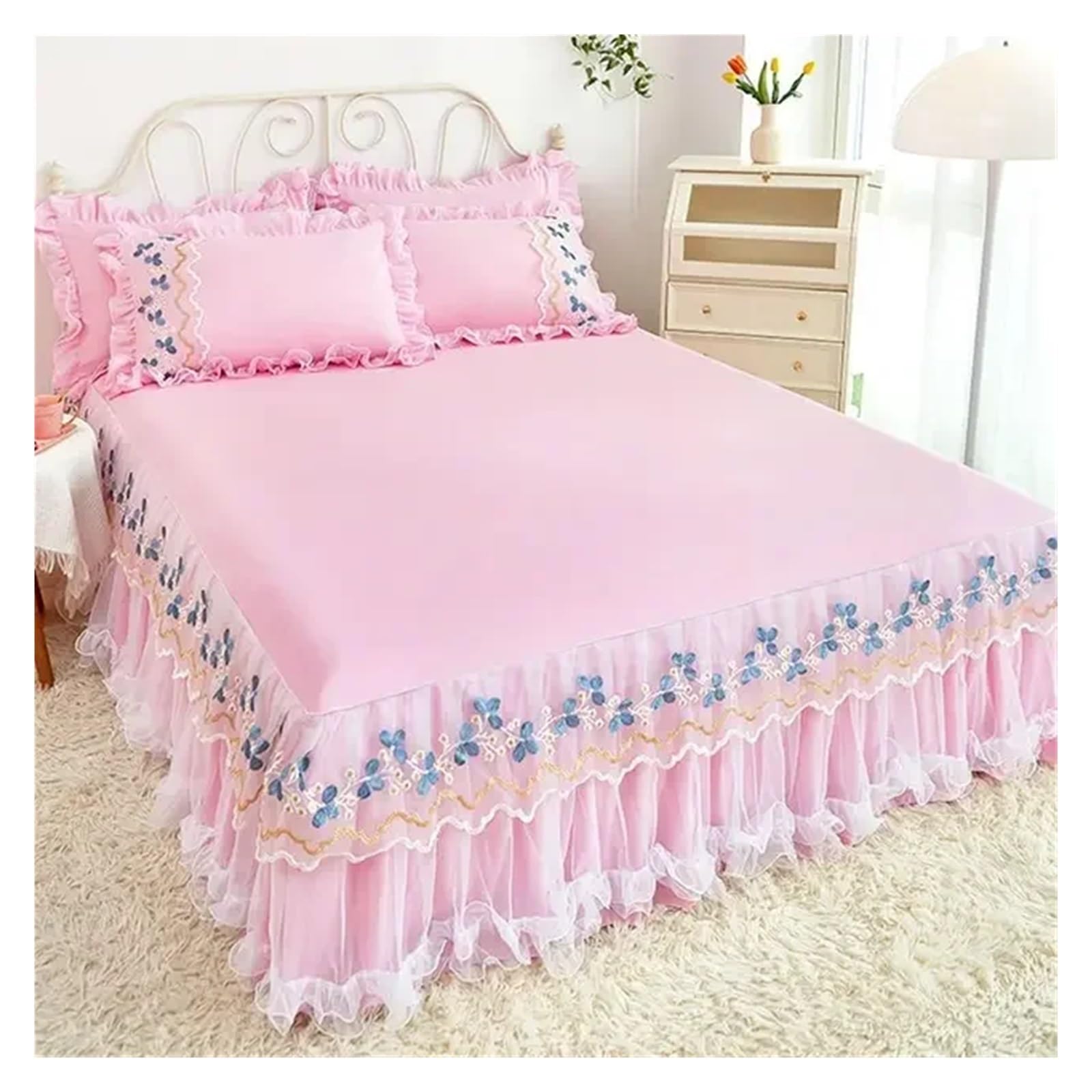 Lace Lotus Leaf Lace Bed Skirts Solid Color White Pink Bedspread Bed Cover Non-Slip Sheets Without Pillowcase(01,180x200cm 3pcs)