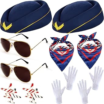 Flight Attendant Costume Accessories Women Stewardess Pilot Hat Scarf Dress Sunglasses Gloves for Women