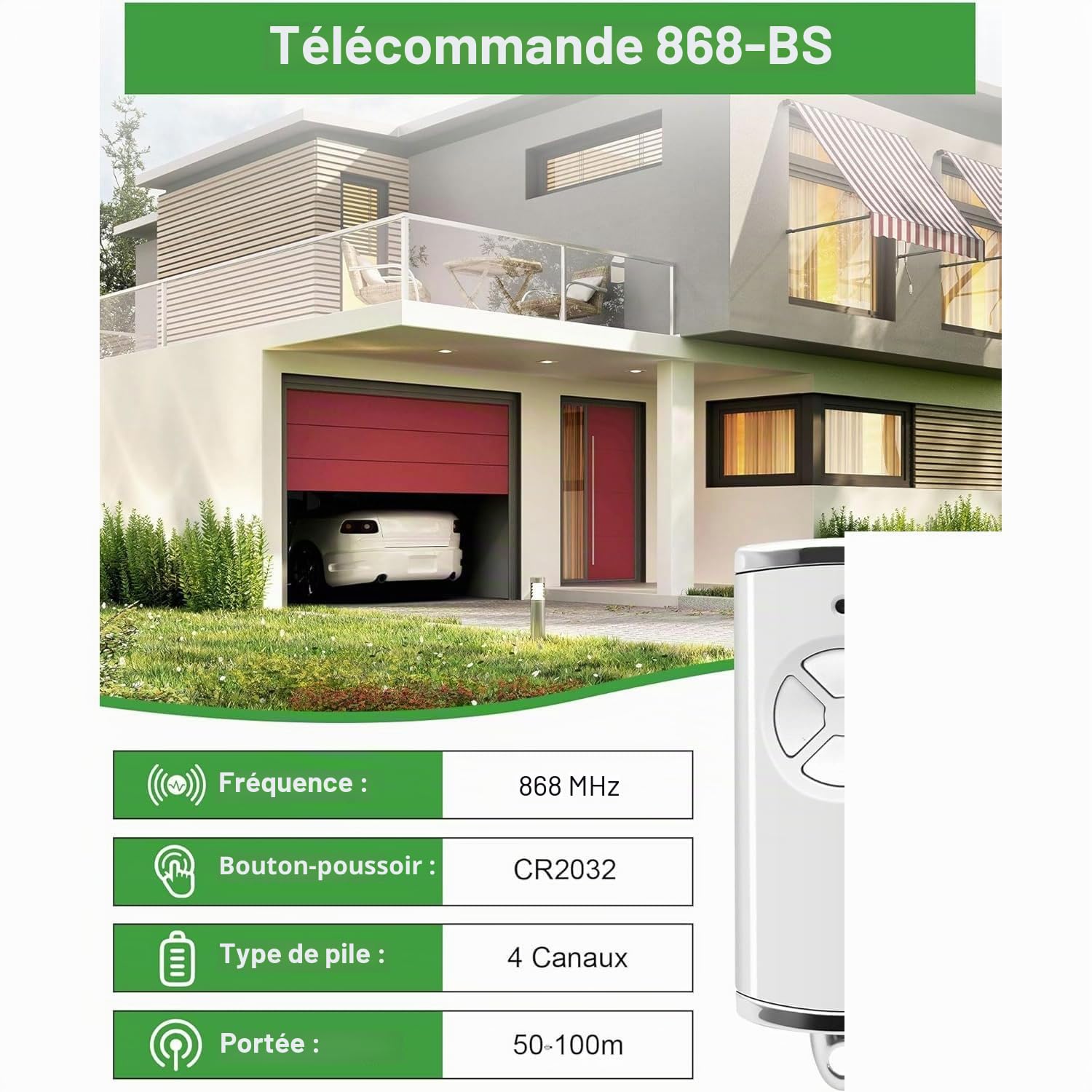 RUIZHI - 868MHz Télécommande Portail HSE4-868-BS, HSE2-868-BS, HS5-868-BS, HS4-868-BS, 4 Canaux, Rolling Code, Telecommande Tubauto avec Piles, Telecommande HS1-868-BS, HSP4-868-BS, HSD2-868-BS