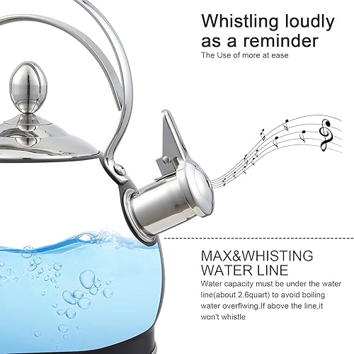 Miniatura 4 de Creative Home - Tetera silbante de acero inoxidable de 2.5 cuartos de galón con fondo de aluminio capsulado para agua caliente de ebullición rápida,