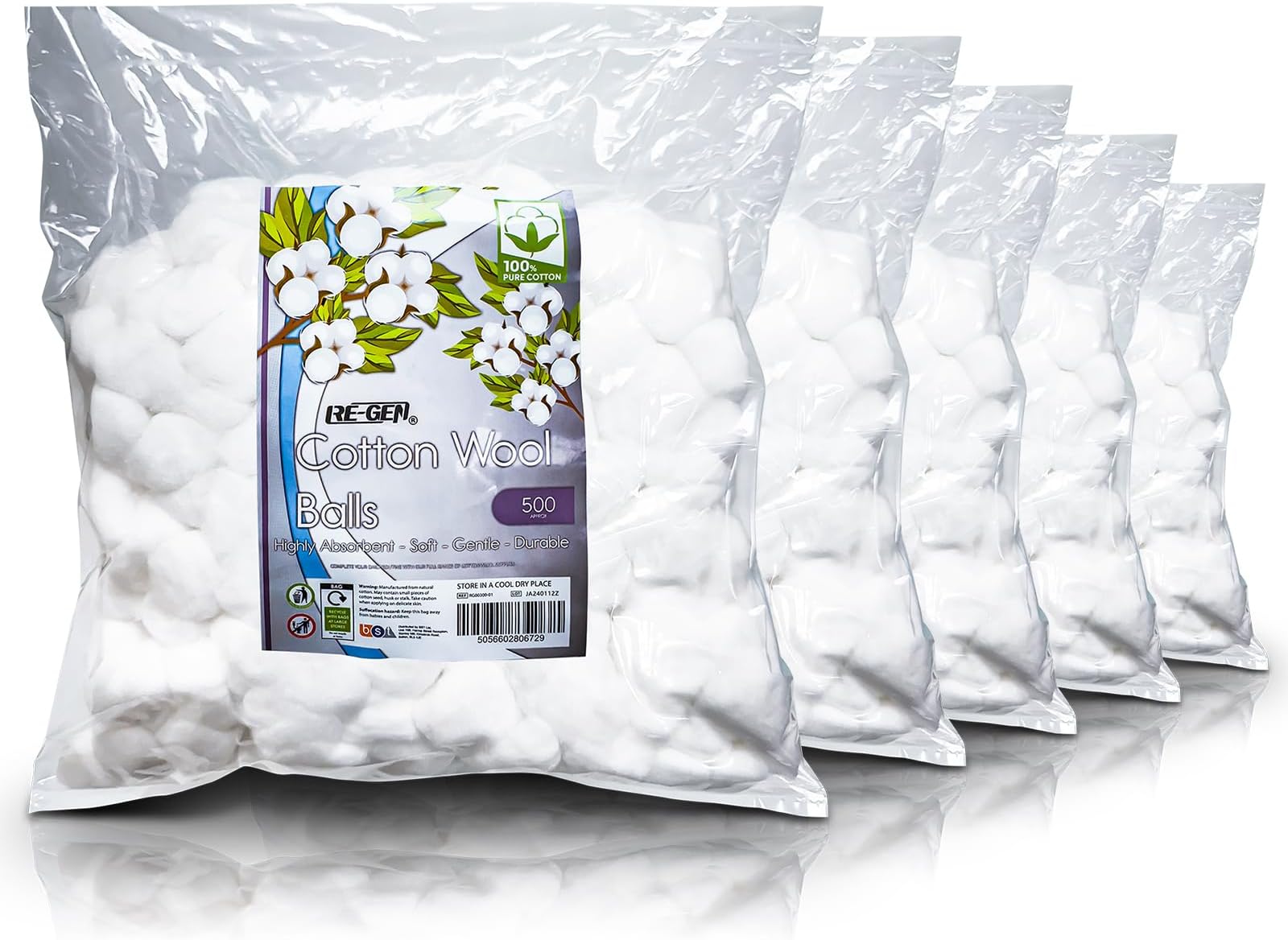 2500pc Full Box (5X 500pc Bags) | RE-GEN 100% Natural Cotton Wool Balls Healthcare Dressing Cleaning Cotton Wool Pads | Ideal for First Aid, Health & Beauty, Personal Care, Cosmetics