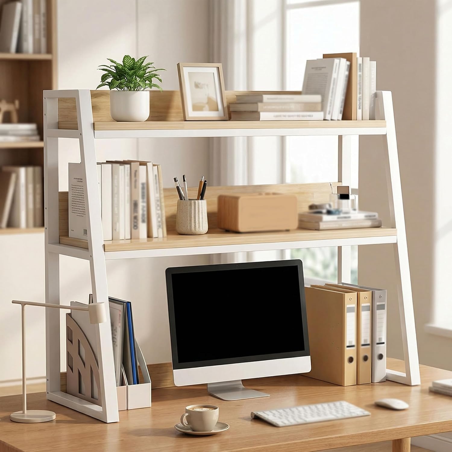 Scaffale organizer da scrivania, libreria trapezoidale a 3 livelli con struttura in metallo e ripiano in legno, scaffale salvaspazio per ufficio, dormitorio, studio, nero (75CM)