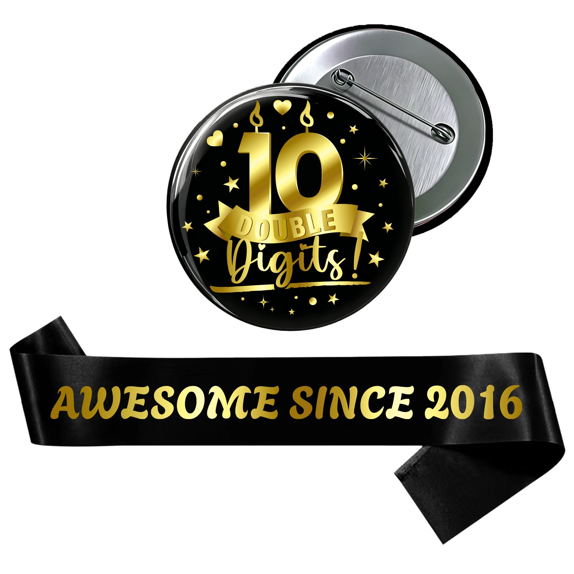 10th Birthday Sash Badge Kit - 2 Pcs Black Gold Awesome Since 2016 Birthday Sash 10 Double Digits Badge for Boys Happy 10 Year Old Birthday Decorations Supplies and Double Digits Party Gifts