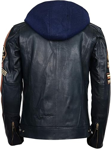 Vista 4 de LP-FACON Chaqueta de cuero vintage para hombre, diseño de rayas retro, estilo Cafe Racer, capucha desmontable