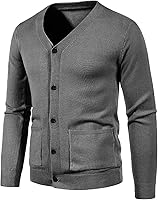 Vista 1 de JEShifangjiusu Cárdigan de algodón para hombre, con botones, cuello en V, suéter de punto básico, ligero, holgado, abrigo, Gris oscuro