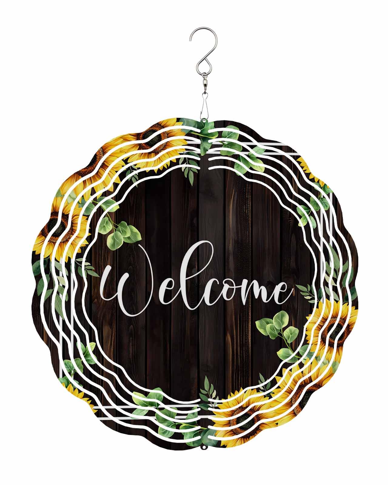 Sunflower Wind Spinners, Eucalyptus Leaves Wood Grain Hanging Wind Spinners for Yard and Garden 3D Stainless Steel Metal Sculptures Crafts Ornaments 10 Inch