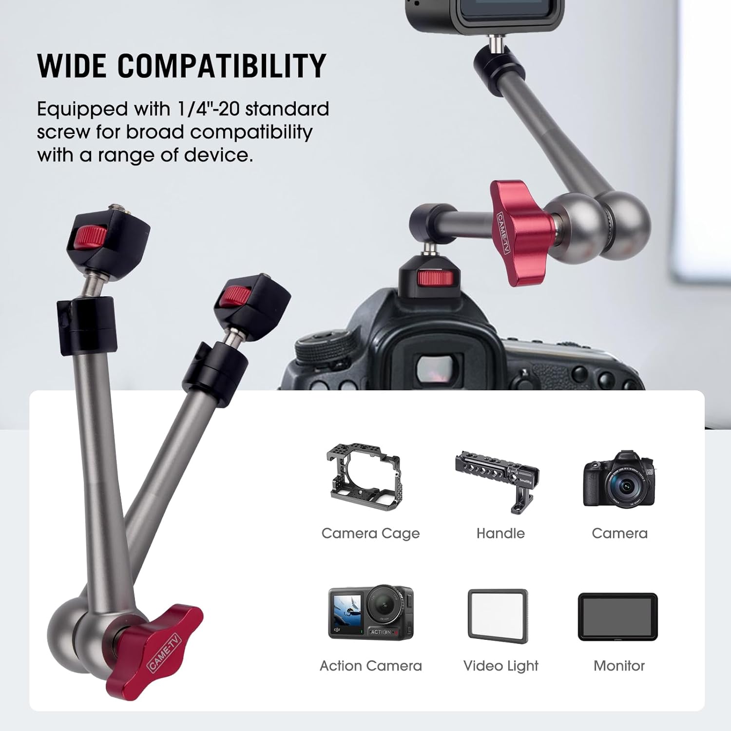 Came-TV 11" Articulating Magic Arm Camera Mount with 360° Ball Heads & 1/4 Screws & Locating Pins, Aluminum Camera Magic Arm Articulating Arm for Monitor Video Light Camera Cage Rig (64002)