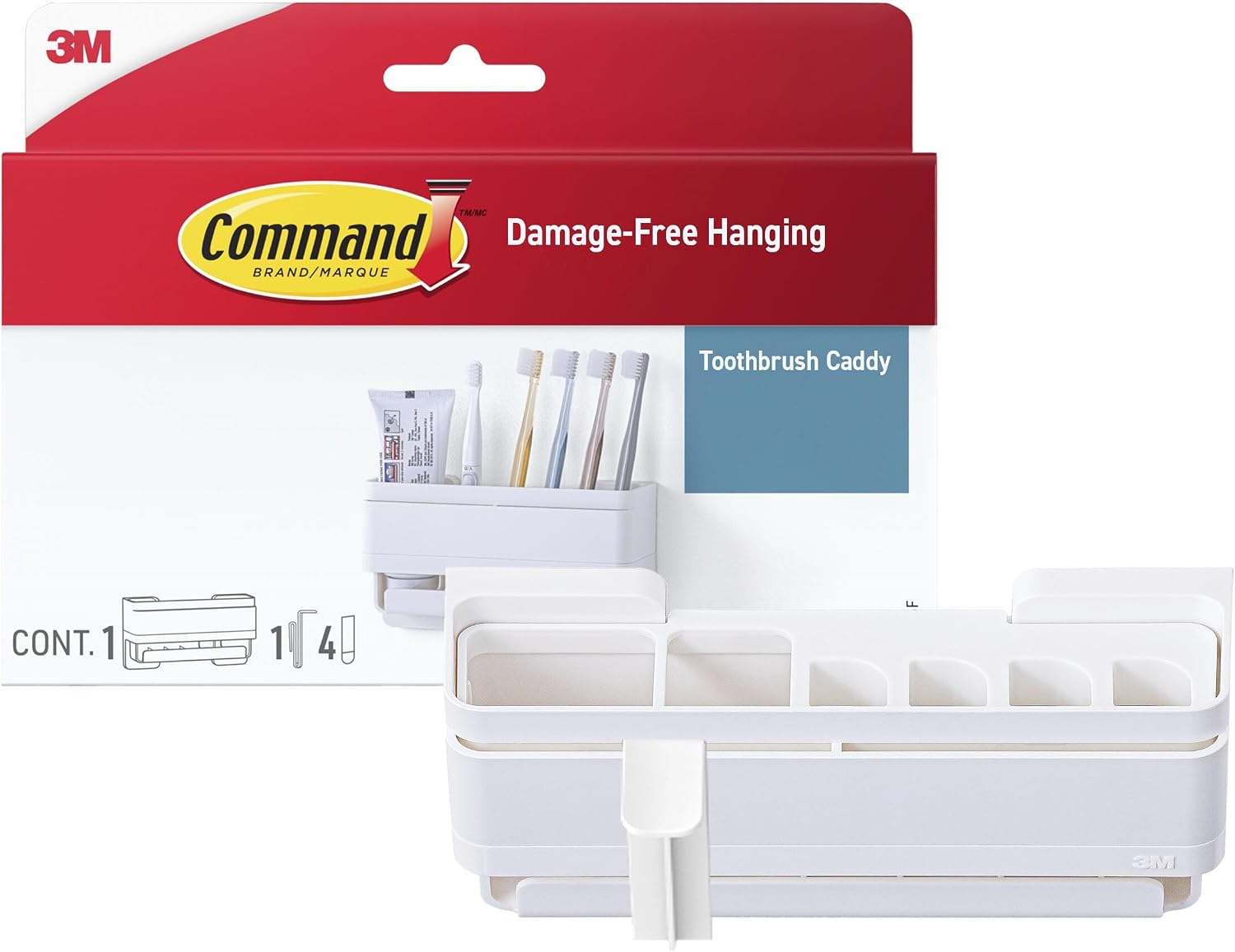 Command Toothbrush Caddy for Bathroom Organization, Damage-Free Hanging with Adhesive Strip, No Tools, 1 Caddy, 1 Cup Hanger, 4 Large Strips