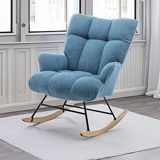 Nursery Rocking Chair Teddy, Upholstered Glider Rocker with High Backrest, Comfortable Stylish Accent Armchair with Padded Seat for Living Rooms, Bedrooms, Offices, Blue