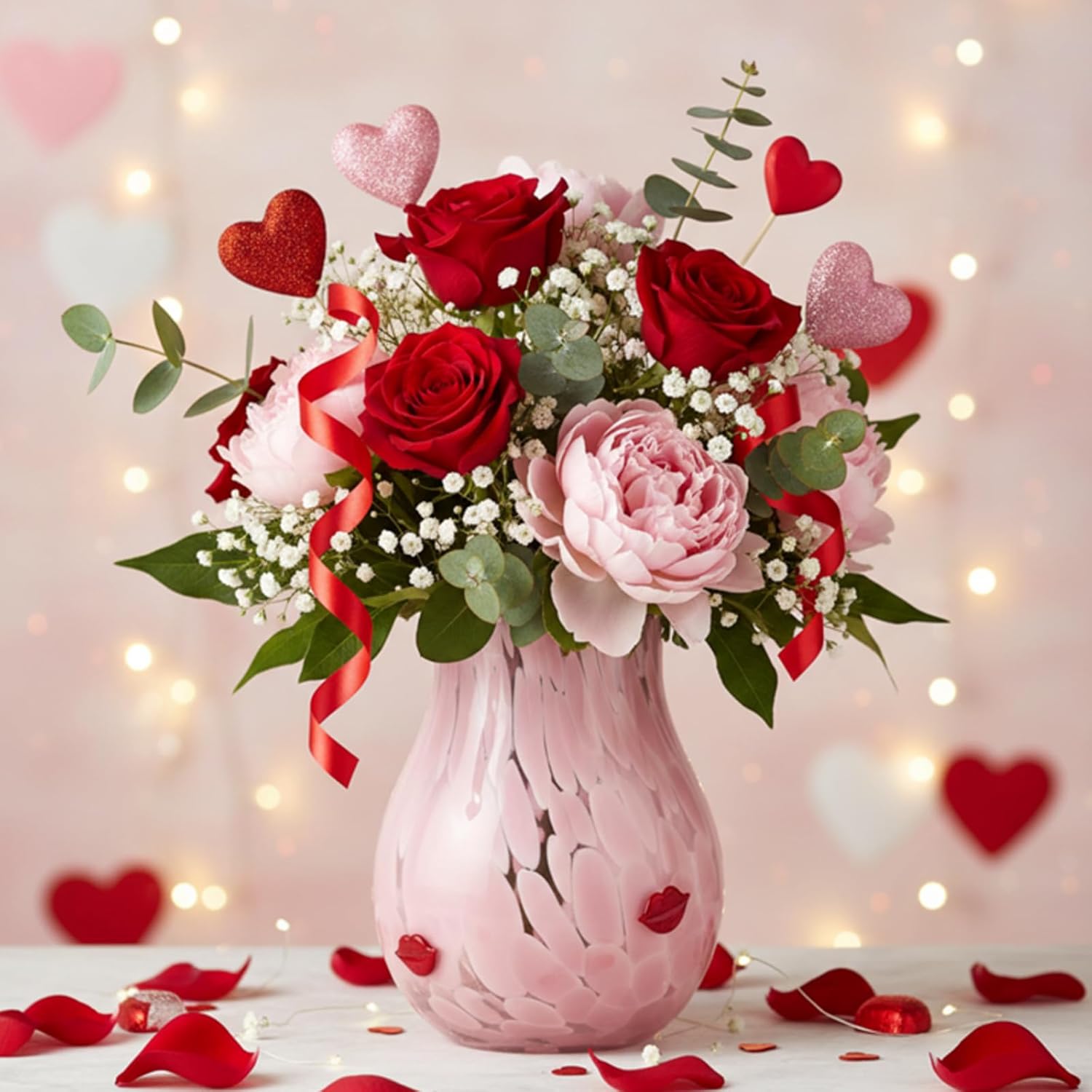 Skylety Valentine's Day Icon Glass Vase Icon Pink & White Flower Vase 5.75'' x 4.25'' Hand Blown Table Centerpiece for Him Her Valentine's Day Wedding Housewarming Gifts Home Decor (Red Lips)