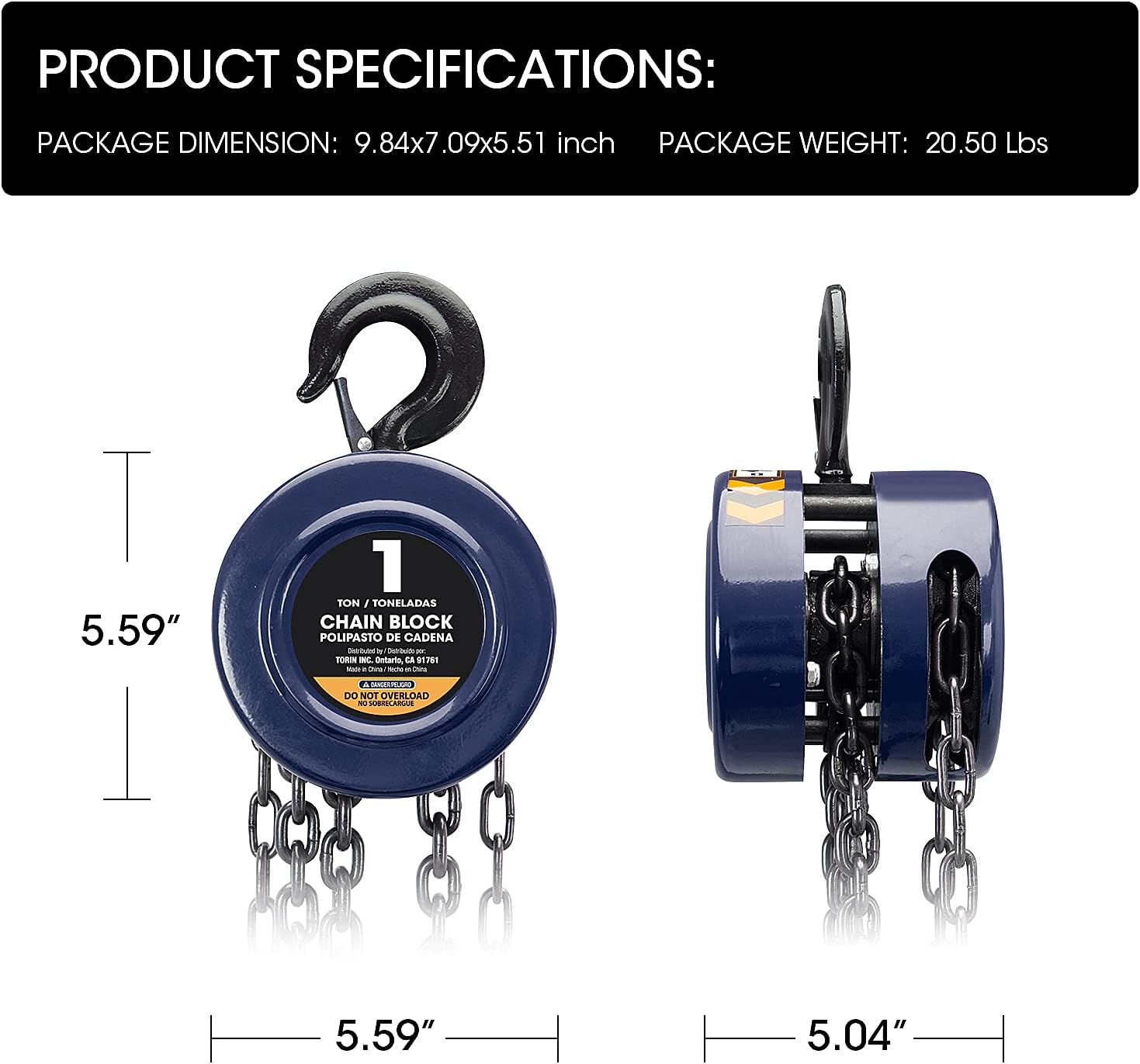 TCE ATR9010U Torin Manual Hand Lift Steel Chain Block Hoist with 2 Heavy Duty Hooks, 1 Ton (2,000 lb) Capacity,8ft/2.5m Blue