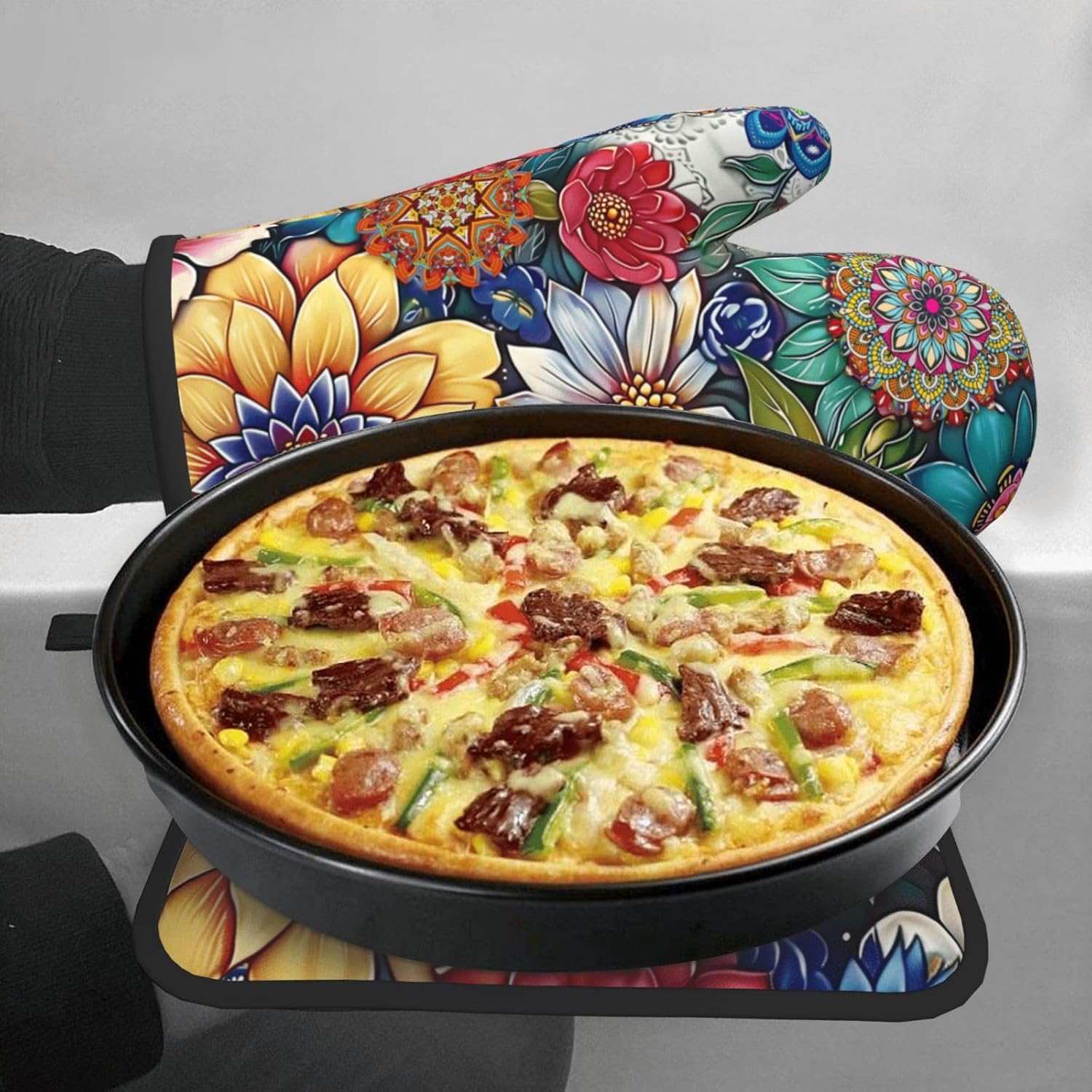 Boho Floral Oven Mitts and Pot Holders Sets Vintage Flower Oven Gloves Heat Resistant Colorful Kitchen Mitts Hot Pads Two Piece Set Kitchen Decor for Women Cooking Baking Grilling BBQ - Image 7