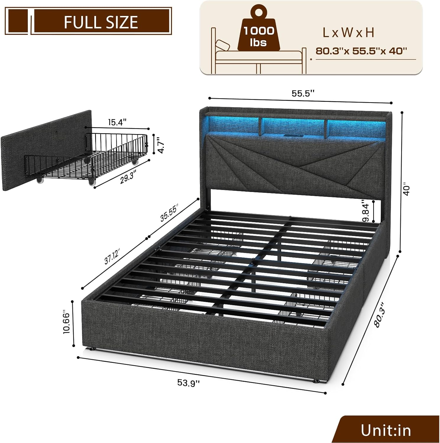 Dimensions of the bed frame and storage drawers