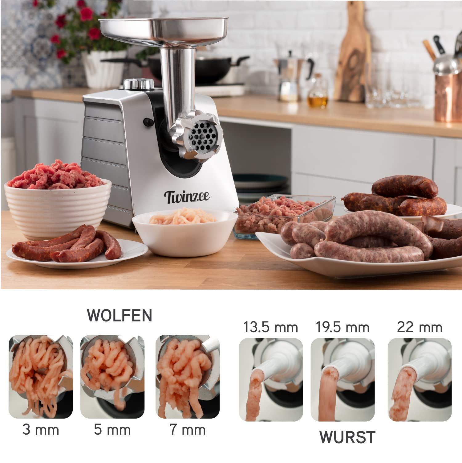 Twinzee - Elektrischer Fleischwolf mit Wurstfüller, Schwarz - Für Fleisch und Wurst - Küchenmaschine, Fleischwolf mit 3 Lochscheiben und 3 Wurstaufsätze