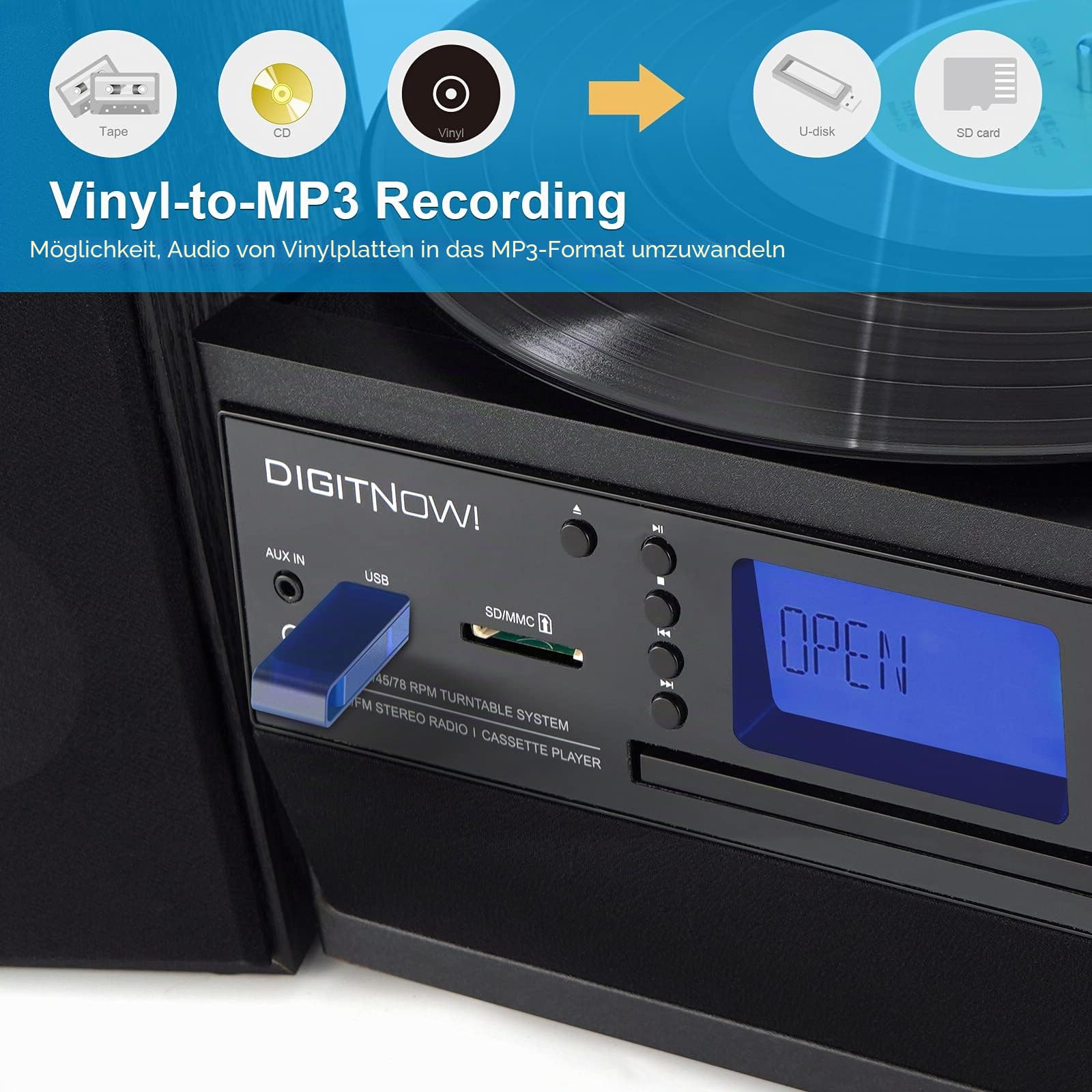 DIGITNOW! Bluetooth Viny Plattenspieler Plattenspieler für CD, Kassette, AM/FM Radio und Aux In, USB-Anschluss und SD-Codierung, Fernbedienung, mit eigenständigen Stereo-Lautsprechern