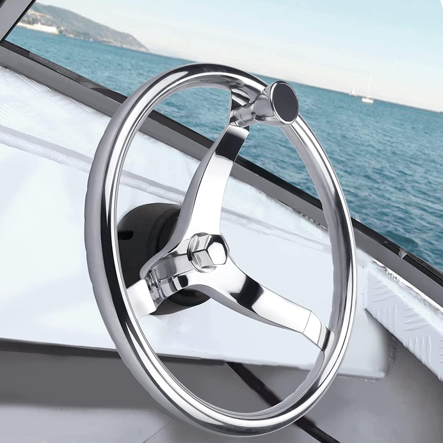 13.5 Inch Boat Steering Wheel with 3/4“ Tapered Shaft, Anti-Slip Knurling Steering Wheel with Turning Knob 1/2"-20 Nut for Teleflex Manual Cable Type Steering Helm