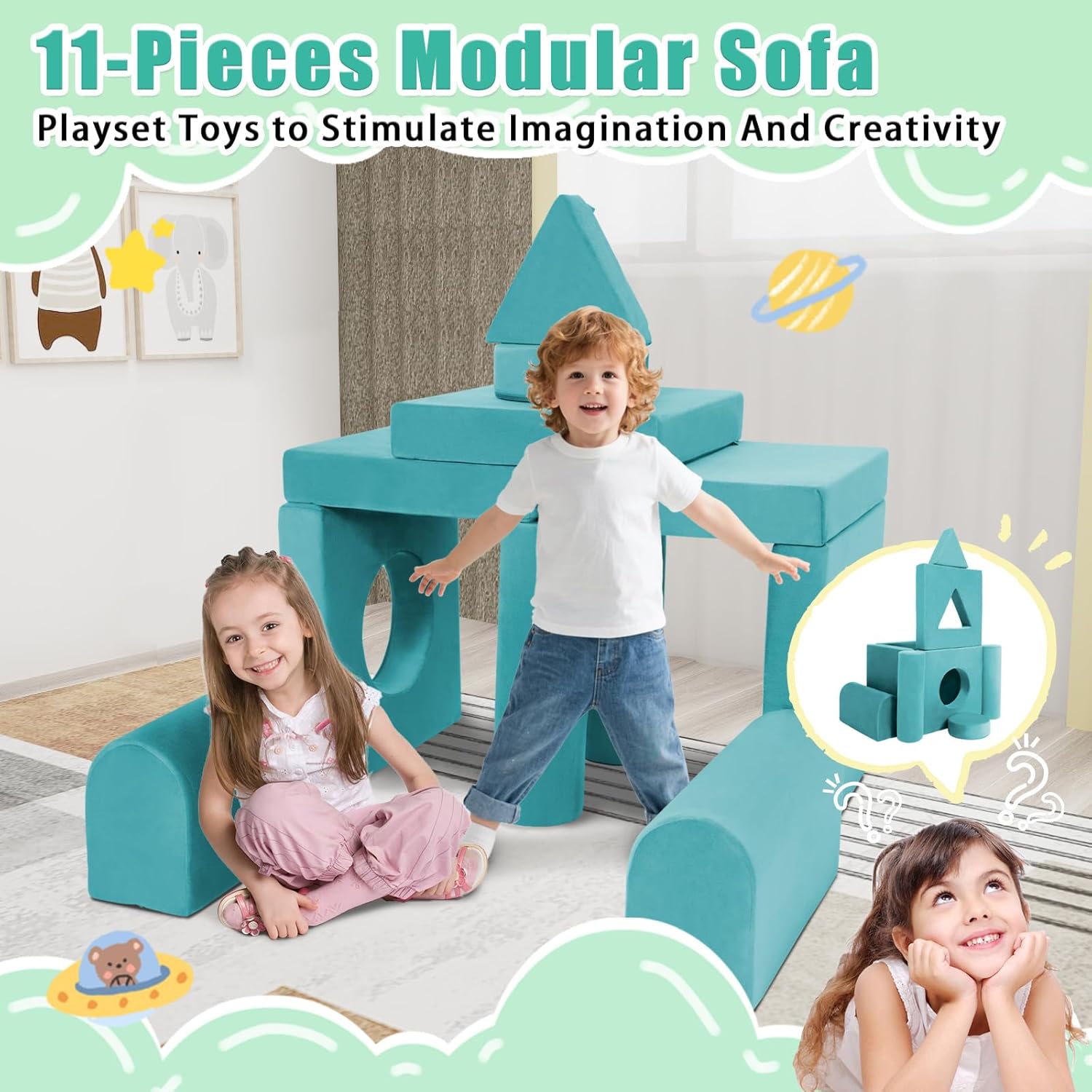 11pcs Modular Kids Play Couch Toddler Sectional Sofa DIY Creativing Convertible Play Fort Foam Play Couch Child Floor Folding Sofa for Playroom Bedroom Living Rooms Furniture(Cyan)