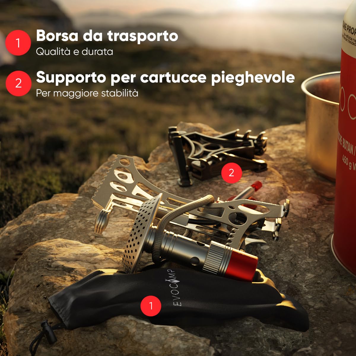 EVOCAMP Fornello Da Campeggio A Gas 3,2kW – Compatto Con Accensione Piezo E Supporto Bombola - 5