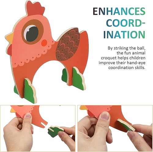 Miniatura 3 de TOYANDONA Juego de croquet para niños, juego de croquet de animales de madera de dibujos animados, divertidos juegos de césped para niños y niñas