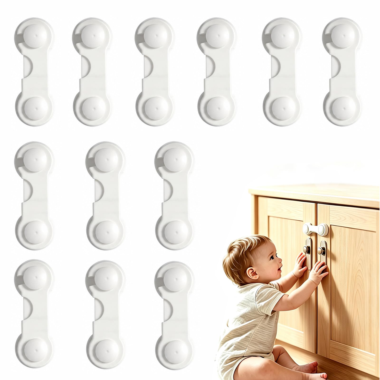 12 Pack Cupboard Locks for Children, Strong Adhesive Safety Latches, White