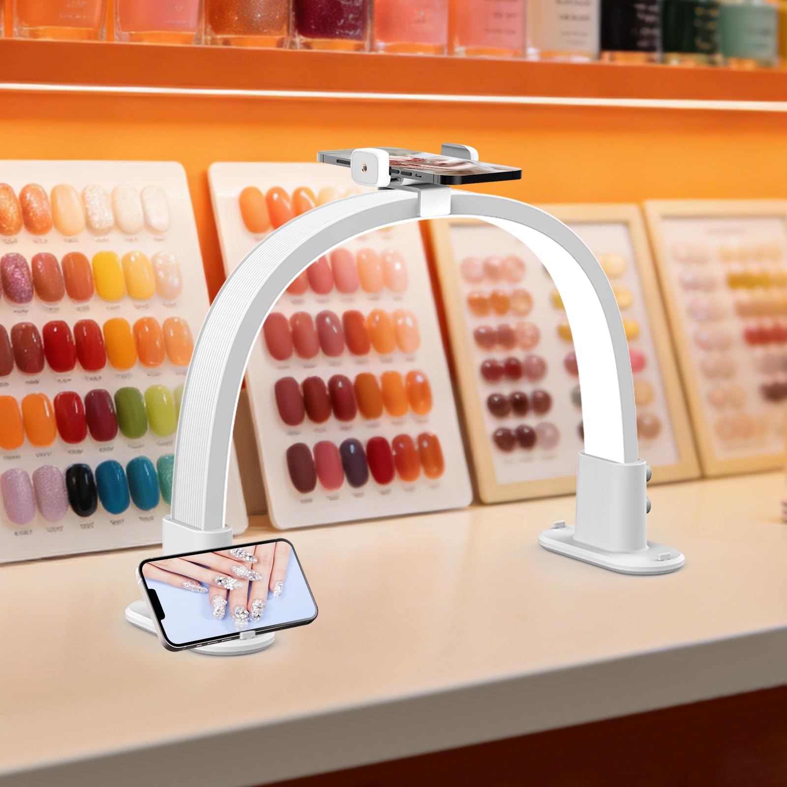 SMOCTAR Half Moon Light for Nail Desk, Arch Manicure Table Lamp for Nail Tech with Phone Holder, Stepless Di686mming Half Moon Esthetician Light for Beauty Salon, Tattoo (White-2)