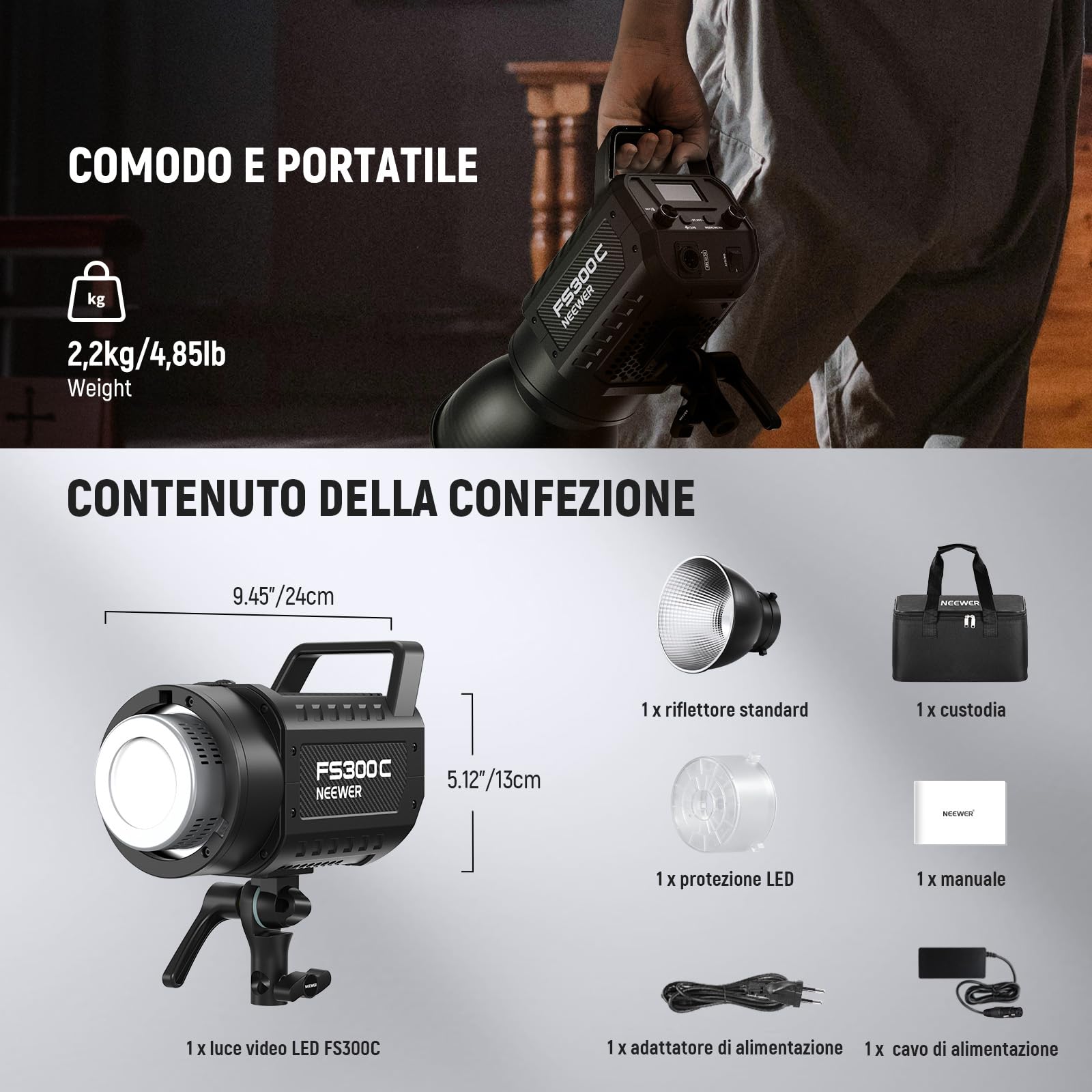 NEEWER 300W Luce Video LED RGB con Controllo APP/2.4G, 17 Effetti, Illuminazione Continua COB 2500K-7500K 29000lux/1m, CRI95+/TLCI97+ Attacco Bowens per Fotografia Registrazione Video Studio, FS300C