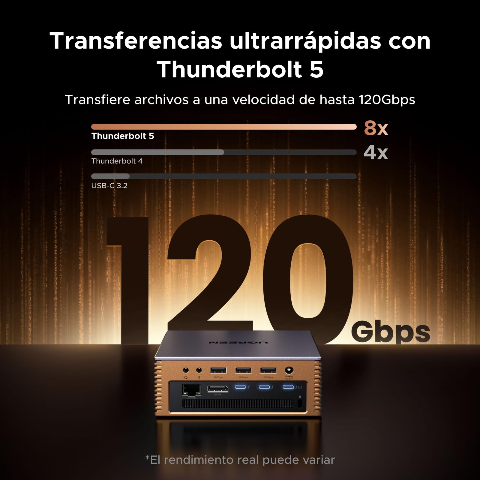 UGREEN Maxidok Thunderbolt 5 Docking Station USB C Triple Pantalla | 17 en 1, 2 TBT5, 1 DP, 120Gbps, 3A3C, Ethernet 2.5GbE, SD/TF 4.0, Carcasa M.2 SSD, Carga PD 140W, DC 240W, 3 Audio 3.5mm