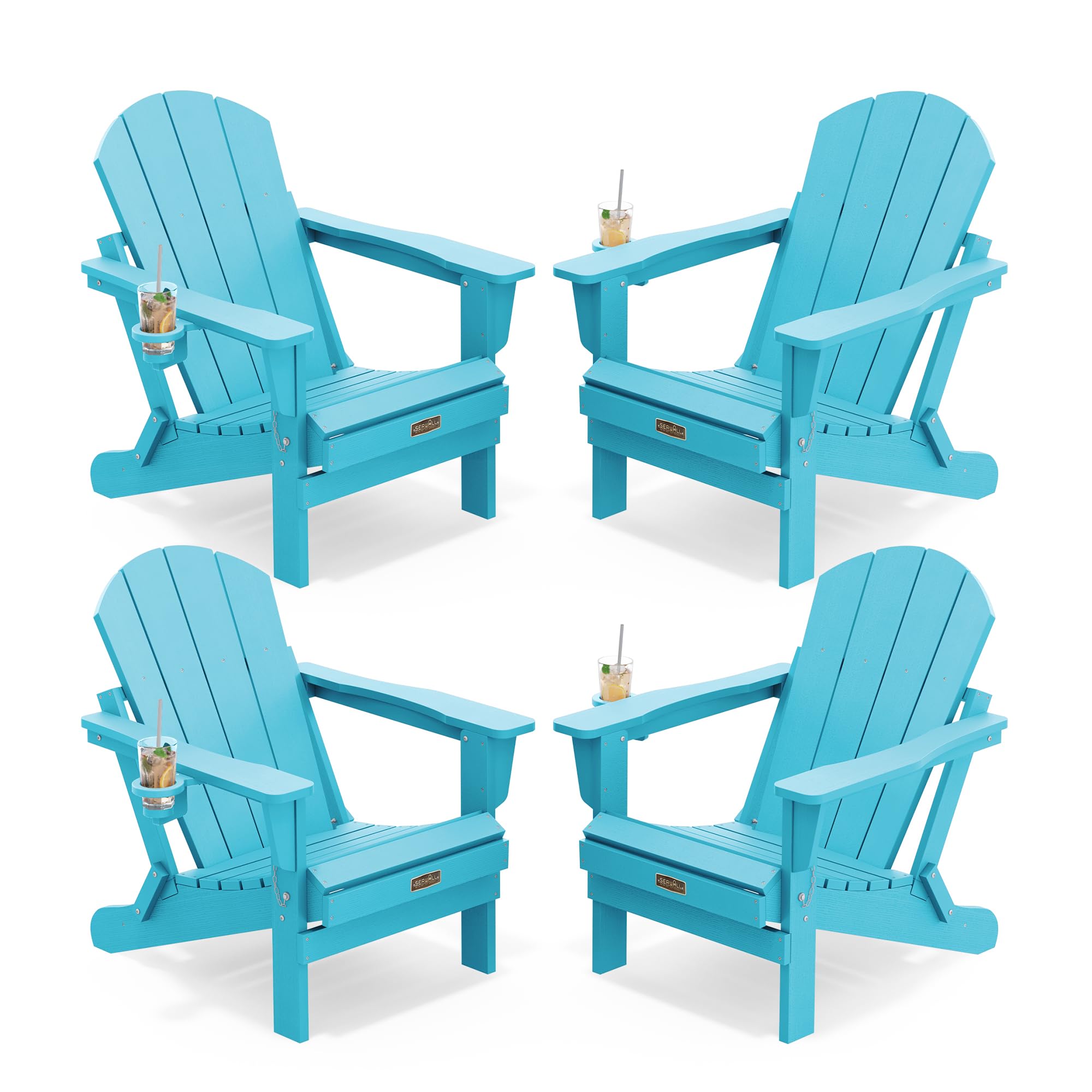SERWALL Folding Adirondack Chairs Set of 4 with Cup Holders - Aruba Blue