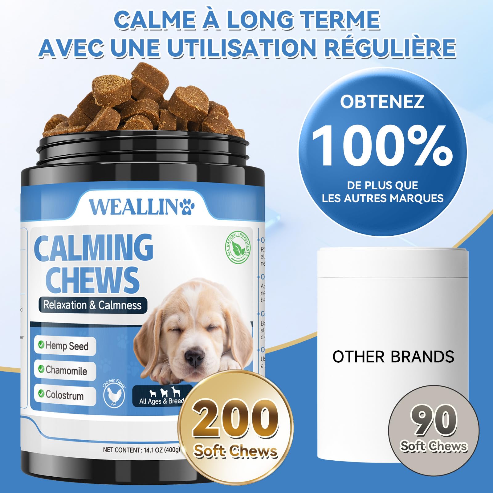WEALLIN Beruhigungsmittel für Hunde 200 Kaubleck Natürliche Beruhigungs Snacks für Hunde, Unterstützt das Gleichgewicht bei Trennung, Unruhe, Reisen, Gewitter Für alle Rassen & Größen Huhn Geschmack