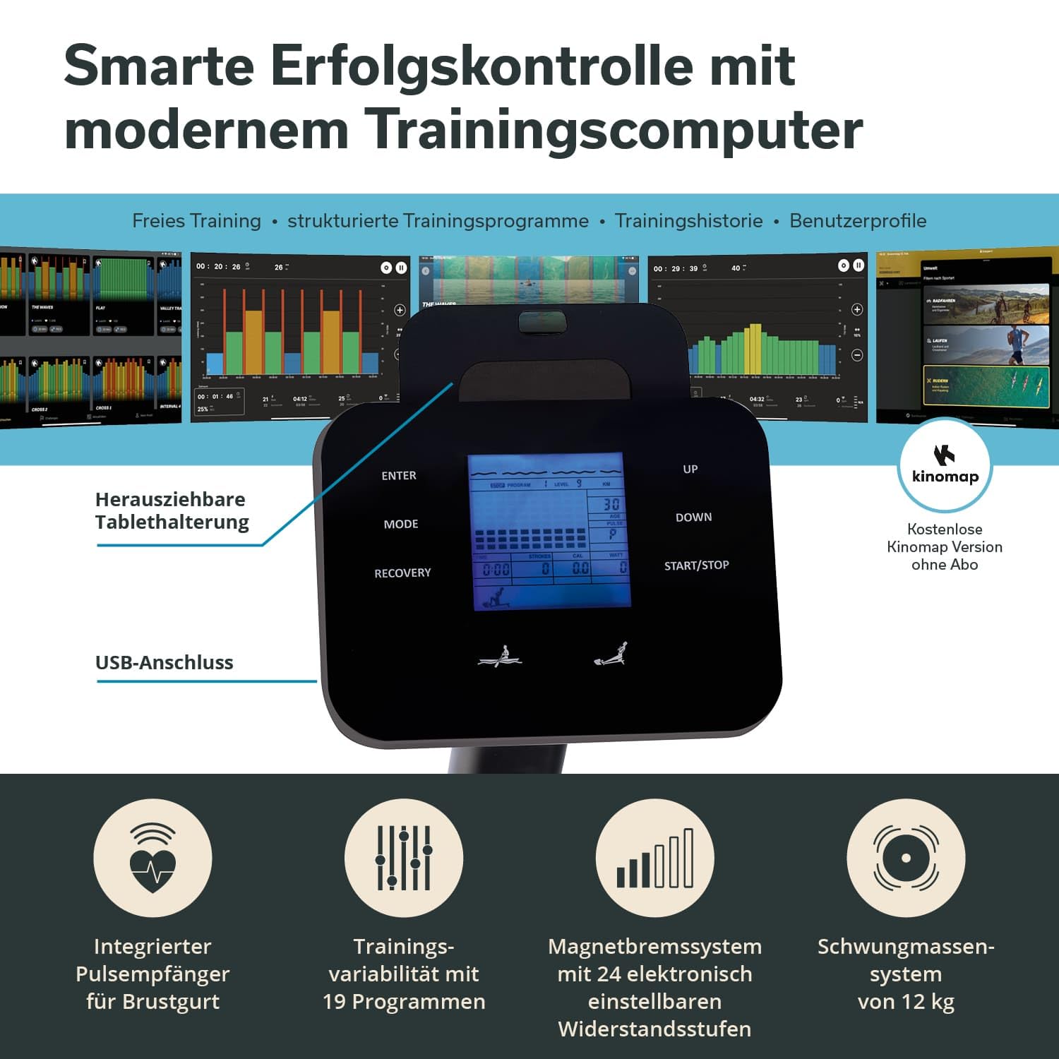 Skandika Rudergerät für Zuhause Freki, 24 Widerstandsstufen,19 Trainingsprogramme, 12kg Schwungmasse, Magnetwiderstand, Studio-Qualität, LCD-Display, Kinomap, aufstellbar, wartungsarm Bis 135kg