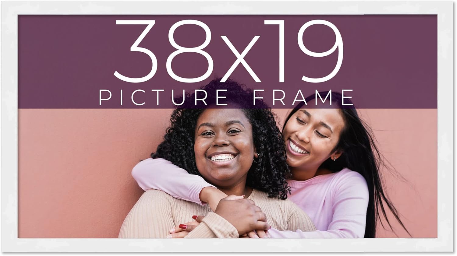 38x19 Frame White Real Wood Picture Frame Width 0.75 Inches | Interior Frame Depth 0.5 Inches | Bianca Mid Century Photo Frame Complete with UV Acrylic, Foam Board Backing & Hanging Hardware