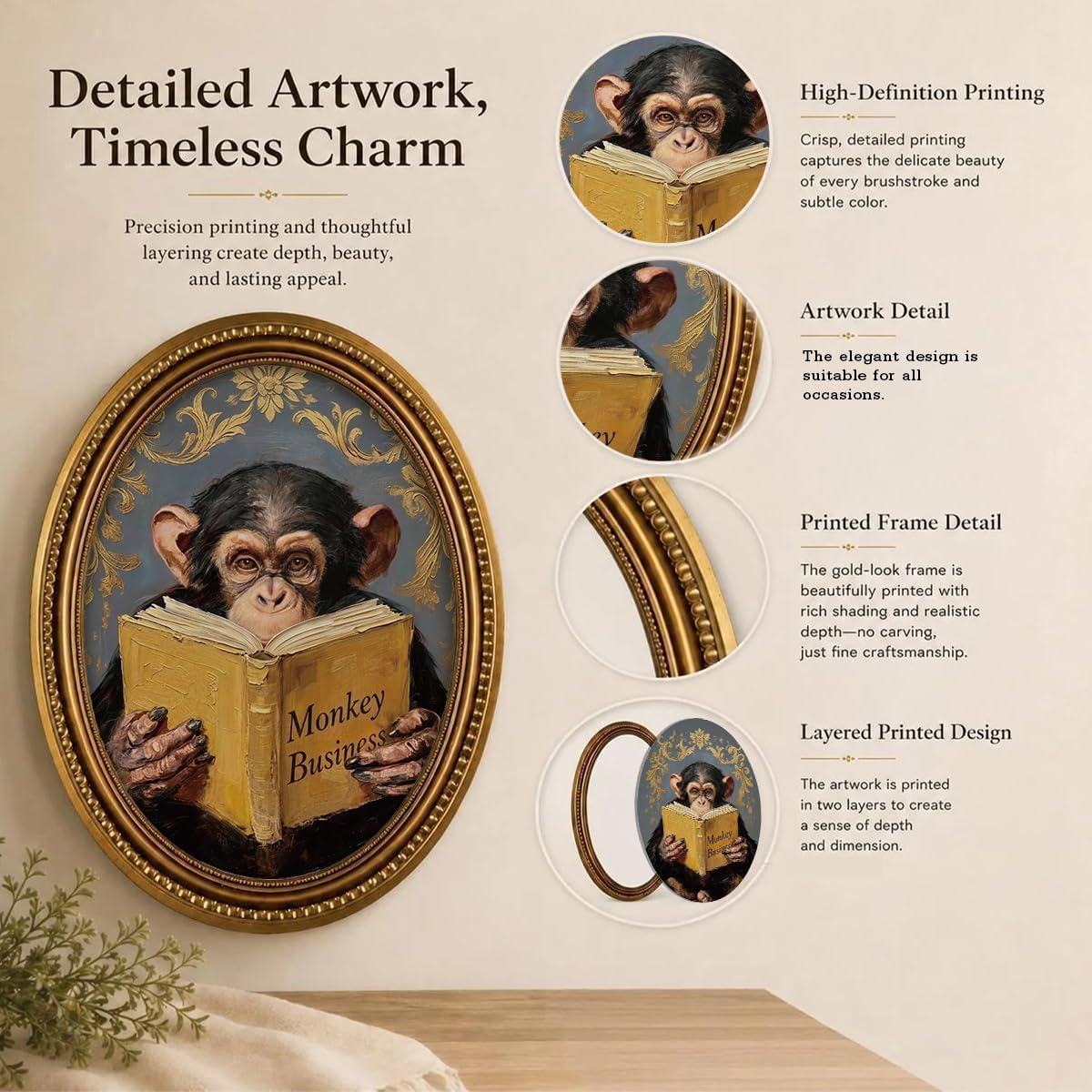 Quirky Monkey Oval Wood Wall Art, Humorous Vintage Oil Painting Style Wall Decor, Whimsical Chimpanzee Artwork for Living Room Bedroom, 11.2 x 9 Inch image 5